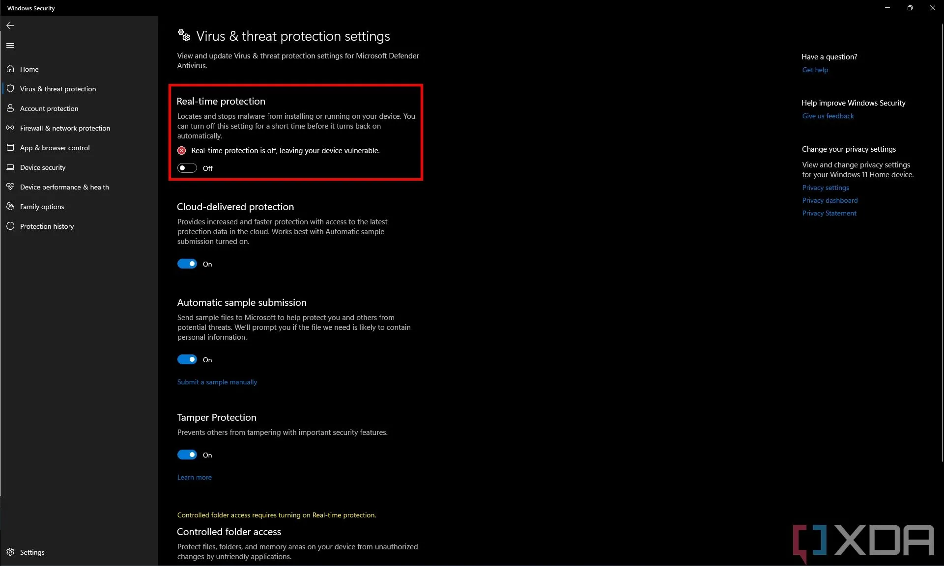 Tắt tính năng bảo vệ thời gian thực của Microsoft Defender trong cài đặt Windows Security