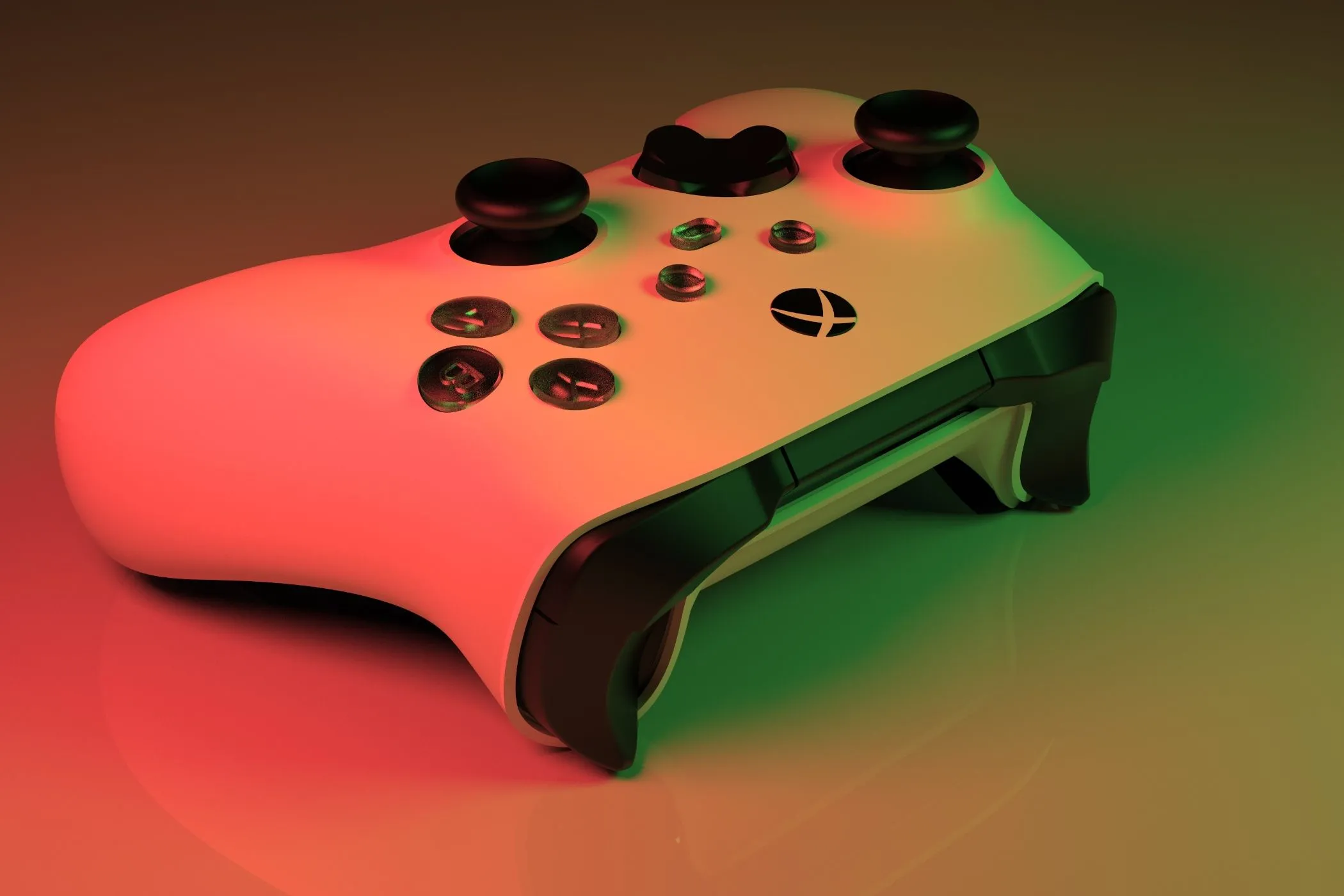 Tay cầm Xbox Series X màu trắng dưới ánh sáng đỏ và xanh lá
