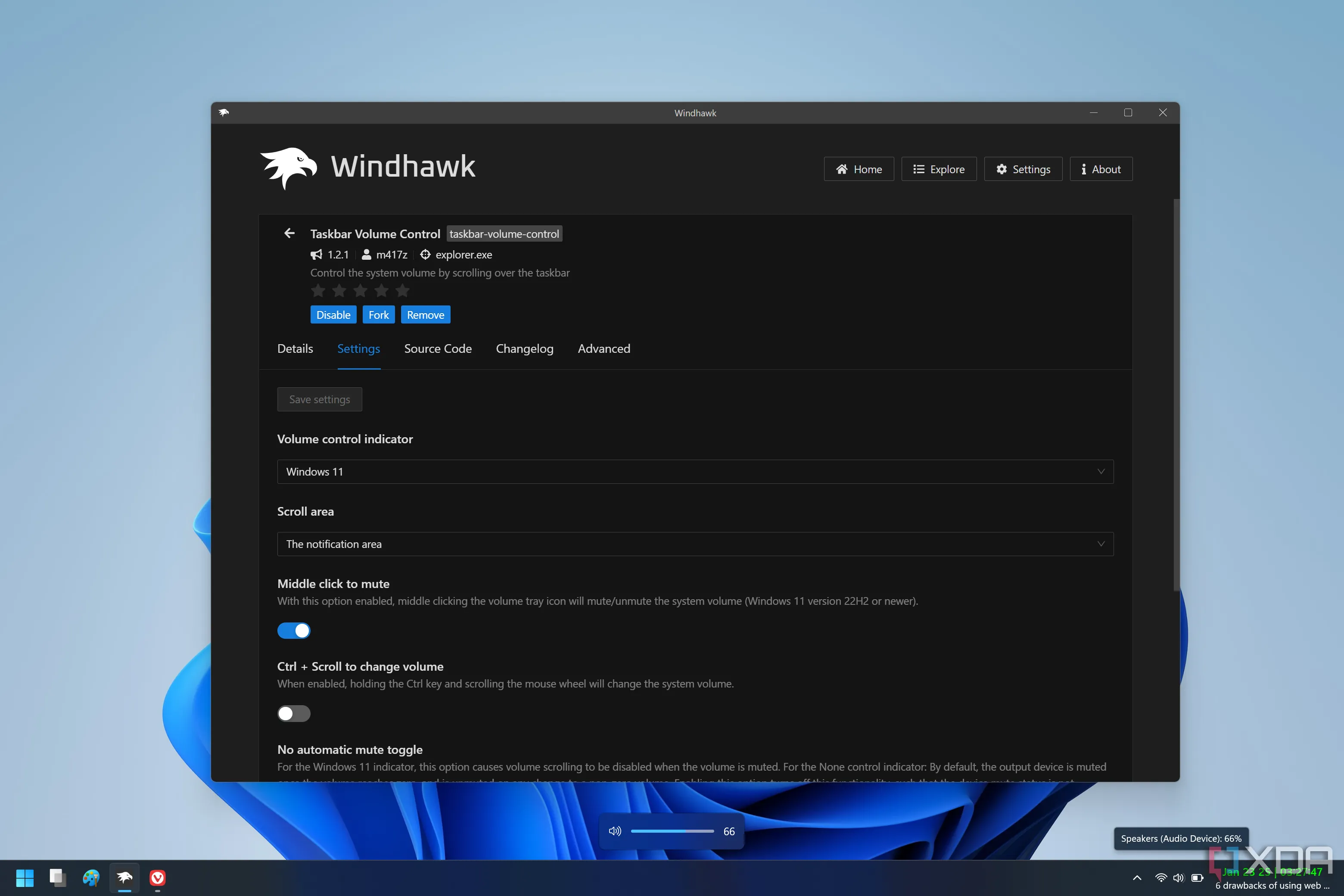 Thao tác điều chỉnh âm lượng trên Windows 11 bằng cách cuộn chuột trên thanh Taskbar với sự hỗ trợ của Windhawk