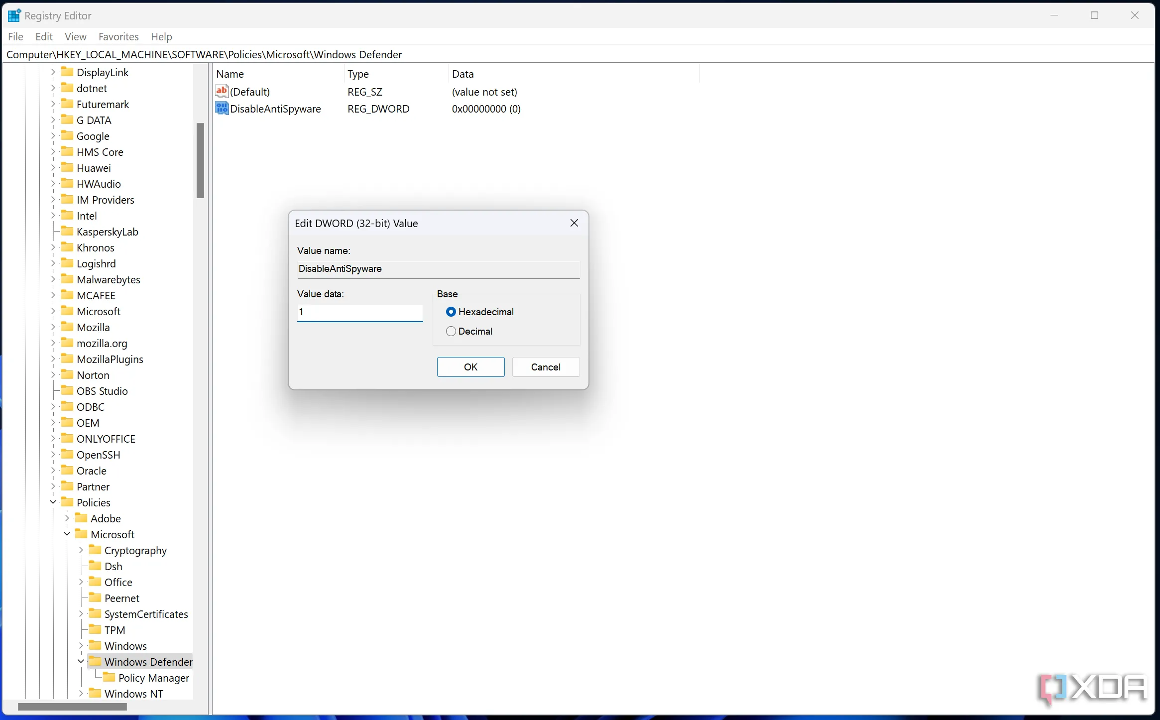Thiết lập giá trị &quot;DisableAntiSpyware&quot; là 1 trong Registry Editor để vô hiệu hóa Microsoft Defender