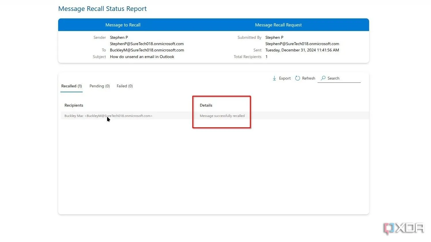 Thông báo xác nhận thu hồi email thành công trong Outlook.