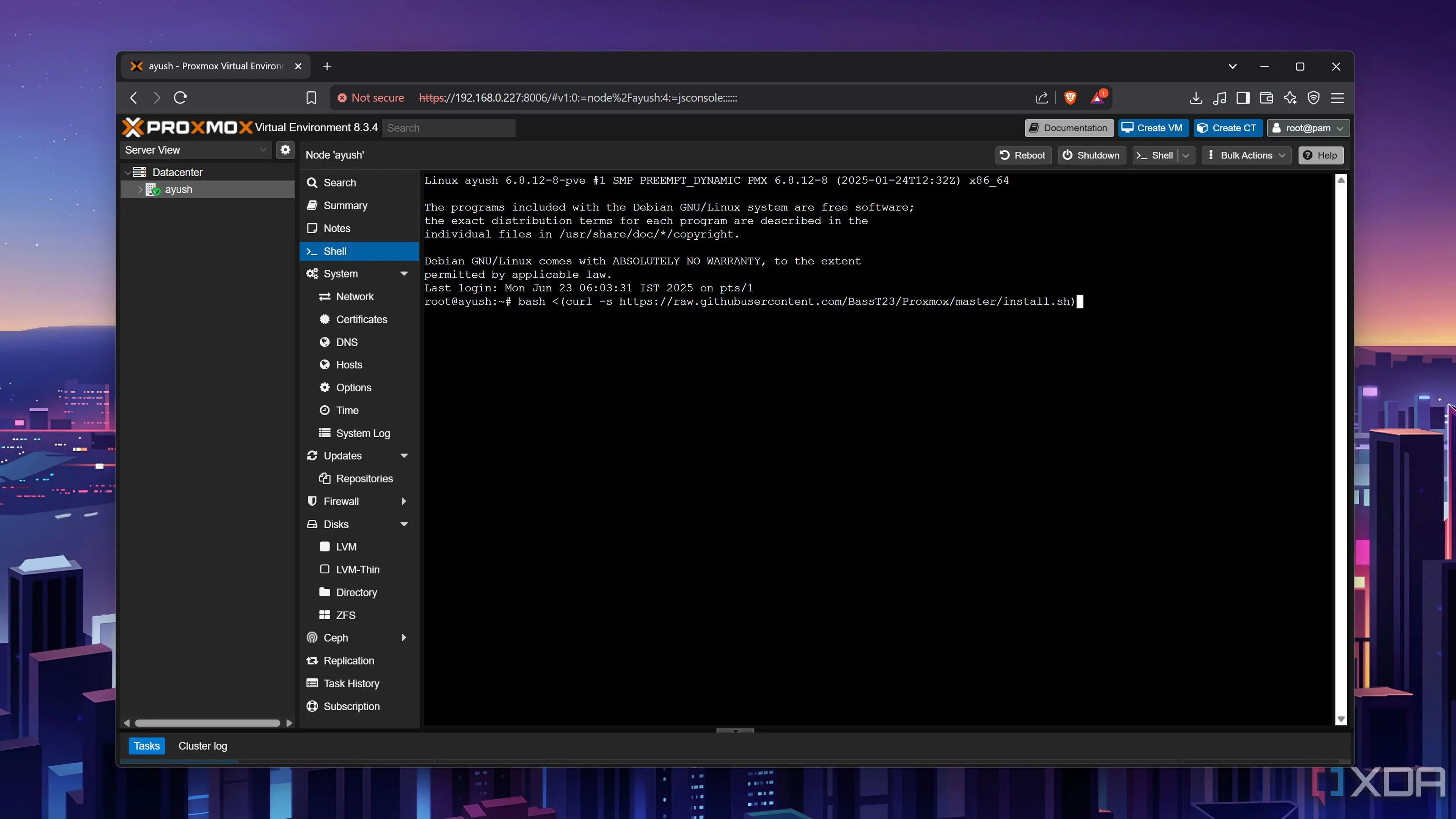 Thực thi lệnh bash để cài đặt Ultimate Updater script trên Proxmox Shell