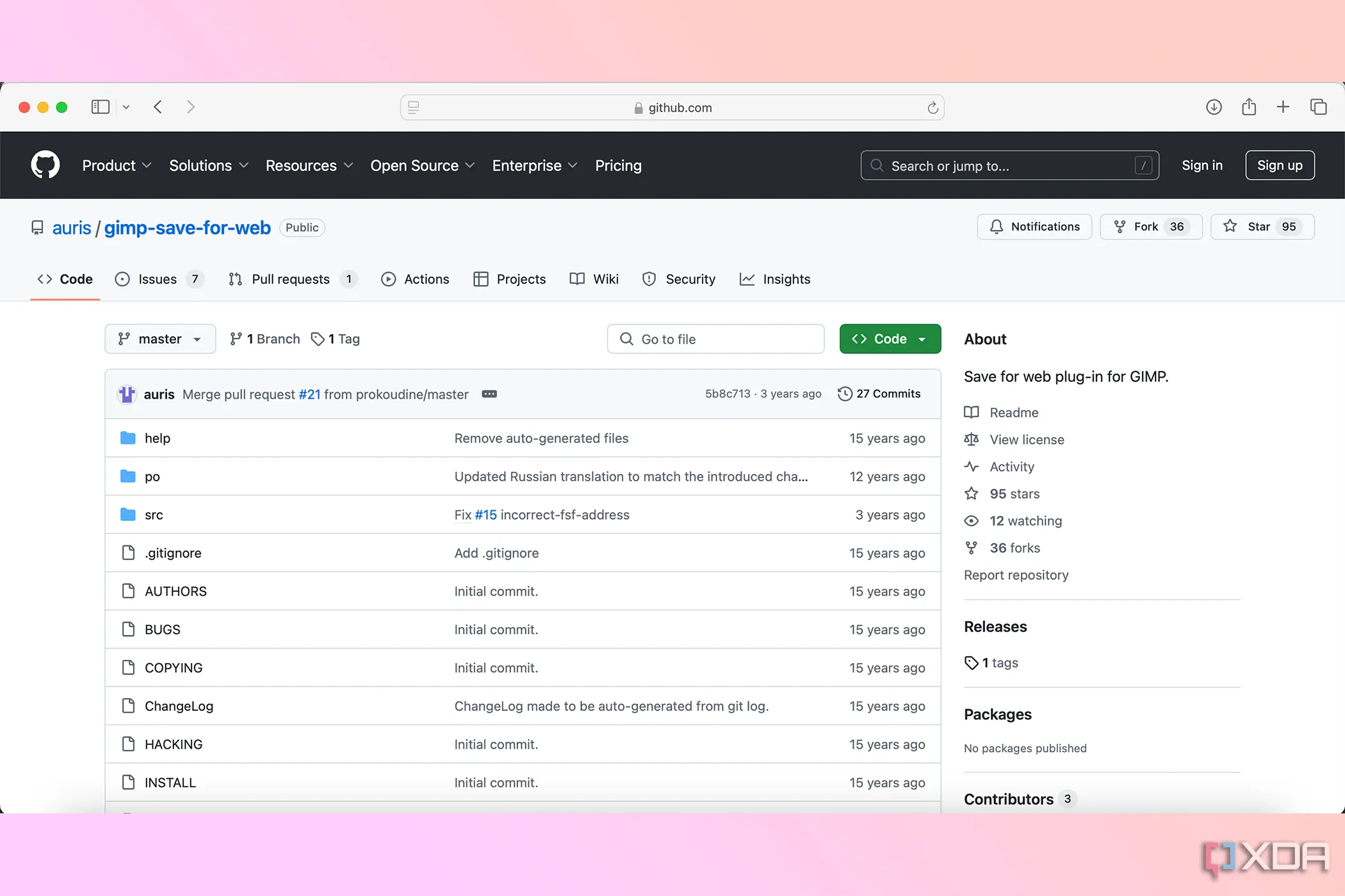 Trang kho lưu trữ GitHub của công cụ Save For Web, thể hiện sự đóng góp của cộng đồng nguồn mở