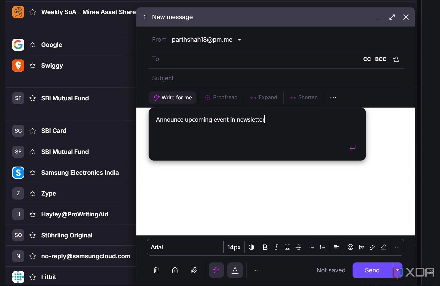 Trợ lý viết AI Proton Scribe giúp soạn thảo email, minh họa tính năng xử lý cục bộ dữ liệu trên Proton Mail