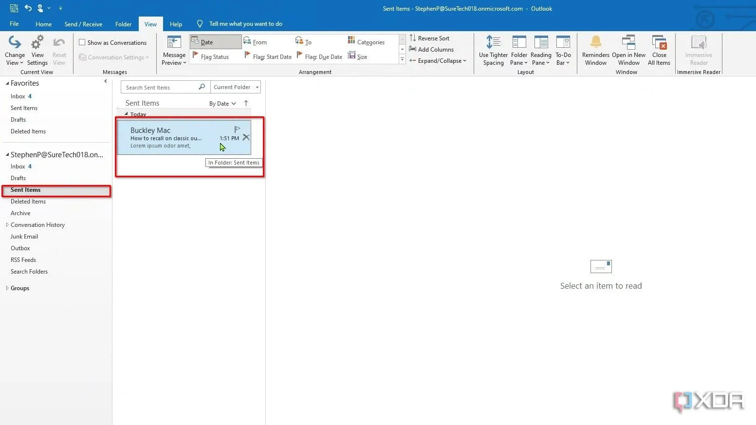 Trong Classic Outlook, điều hướng đến thư mục &quot;Sent Items&quot; để tìm email cần thu hồi.