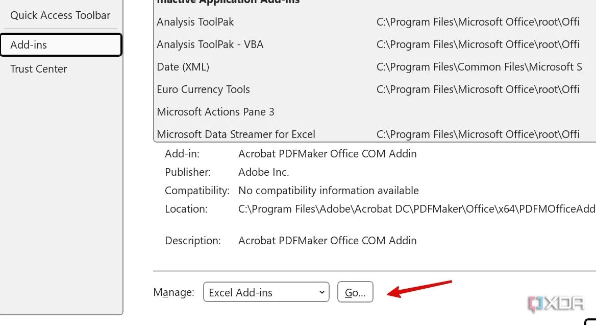 Truy cập cài đặt quản lý Add-ins trong Excel để điều chỉnh tiện ích