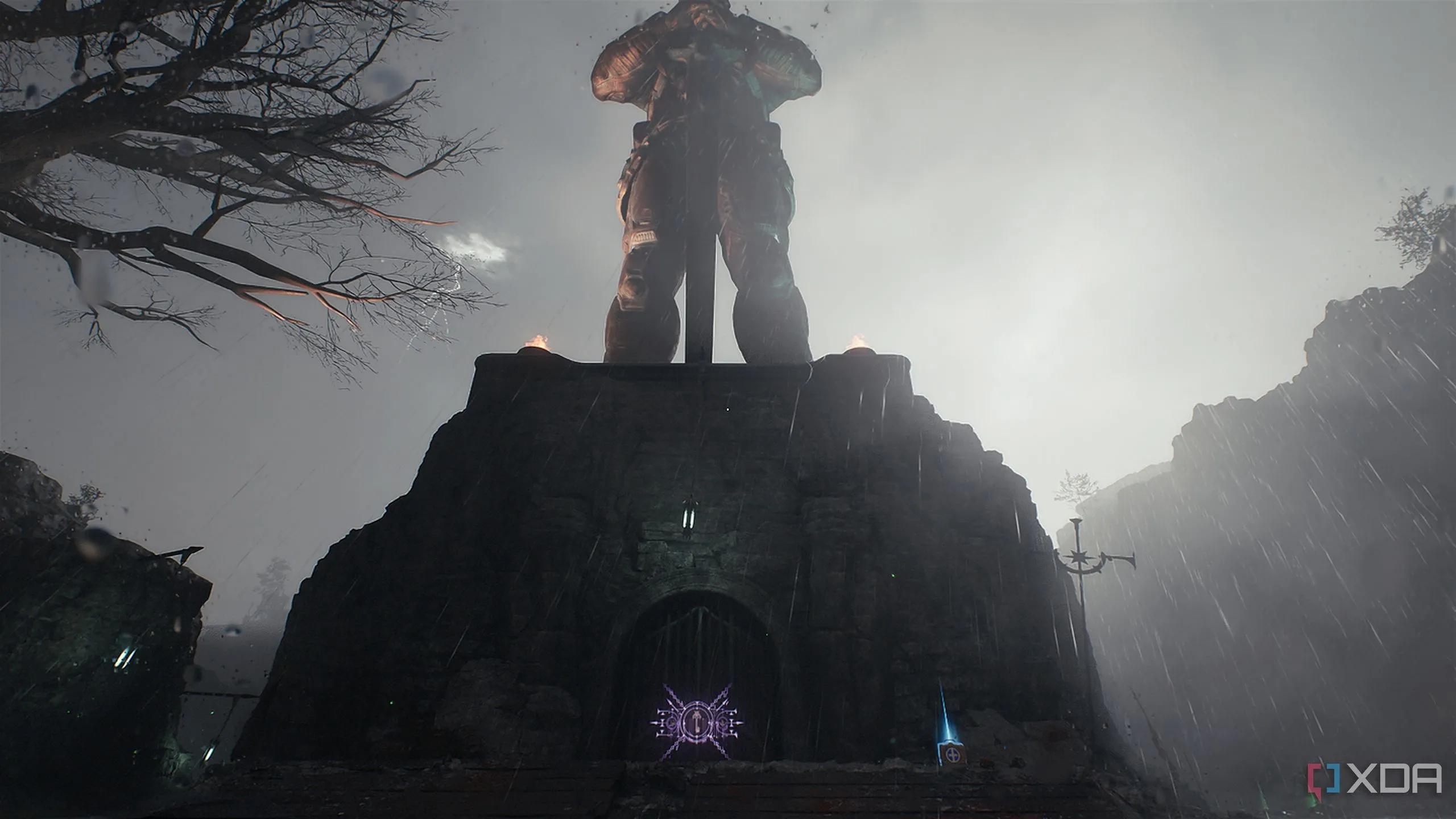 Tượng hiệp sĩ Sentinel lớn nơi có cổng khóa tím và một Life Sigil bí mật trong Doom The Dark Ages.