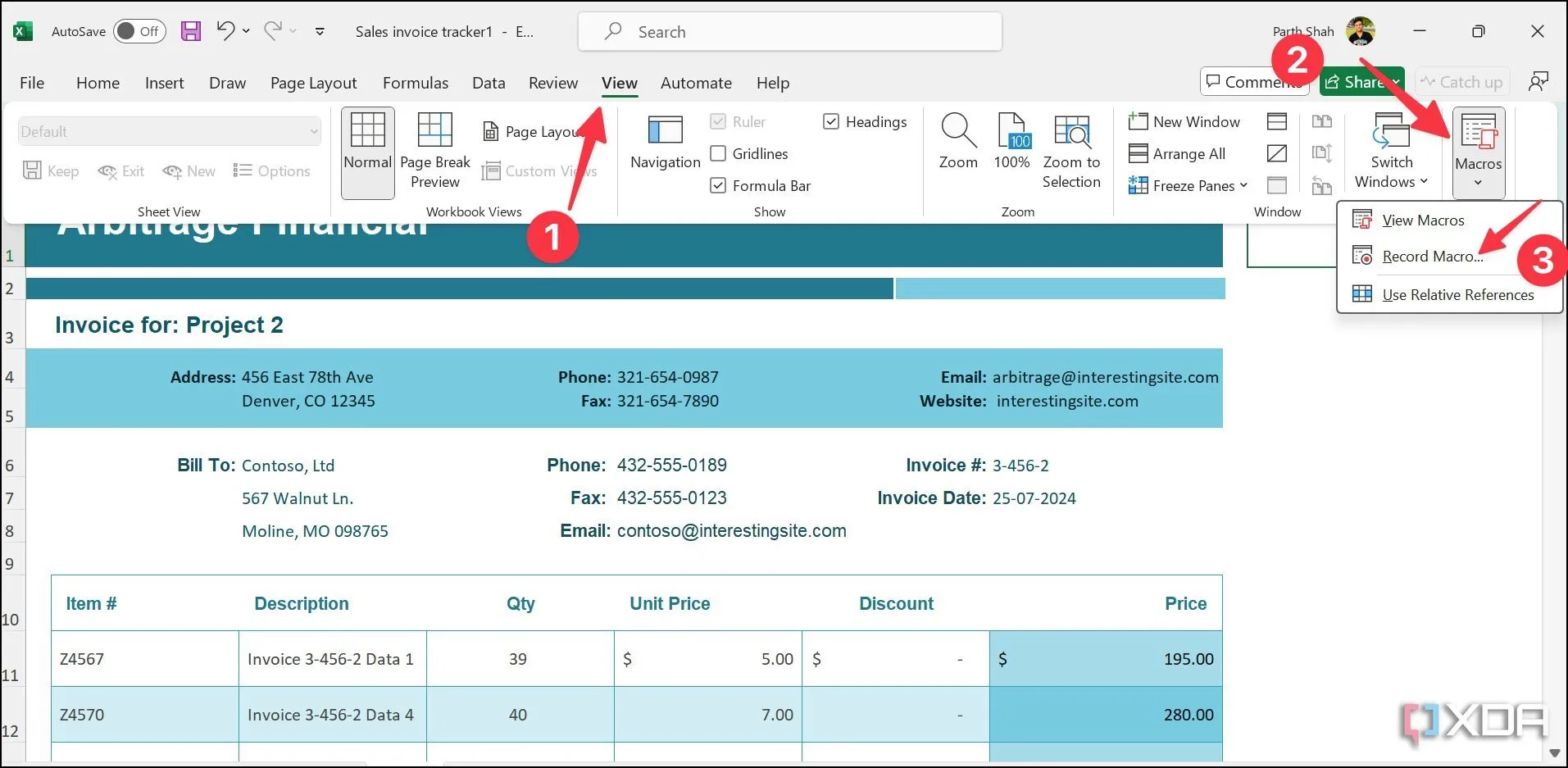 Tùy chọn ghi Macro trong tab Xem của Excel