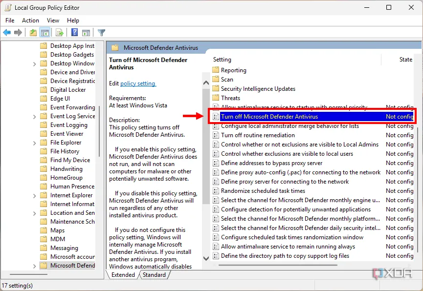 Tùy chọn &quot;Tắt Microsoft Defender Antivirus&quot; trong Group Policy Editor