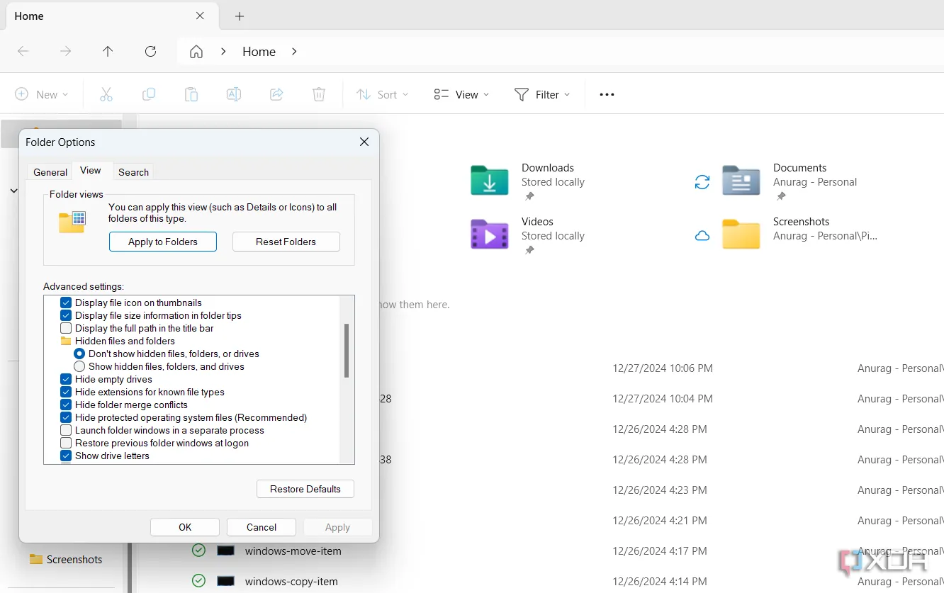 Tùy chọn vô hiệu hóa thông báo nhà cung cấp đồng bộ trong cài đặt File Explorer trên Windows 11.