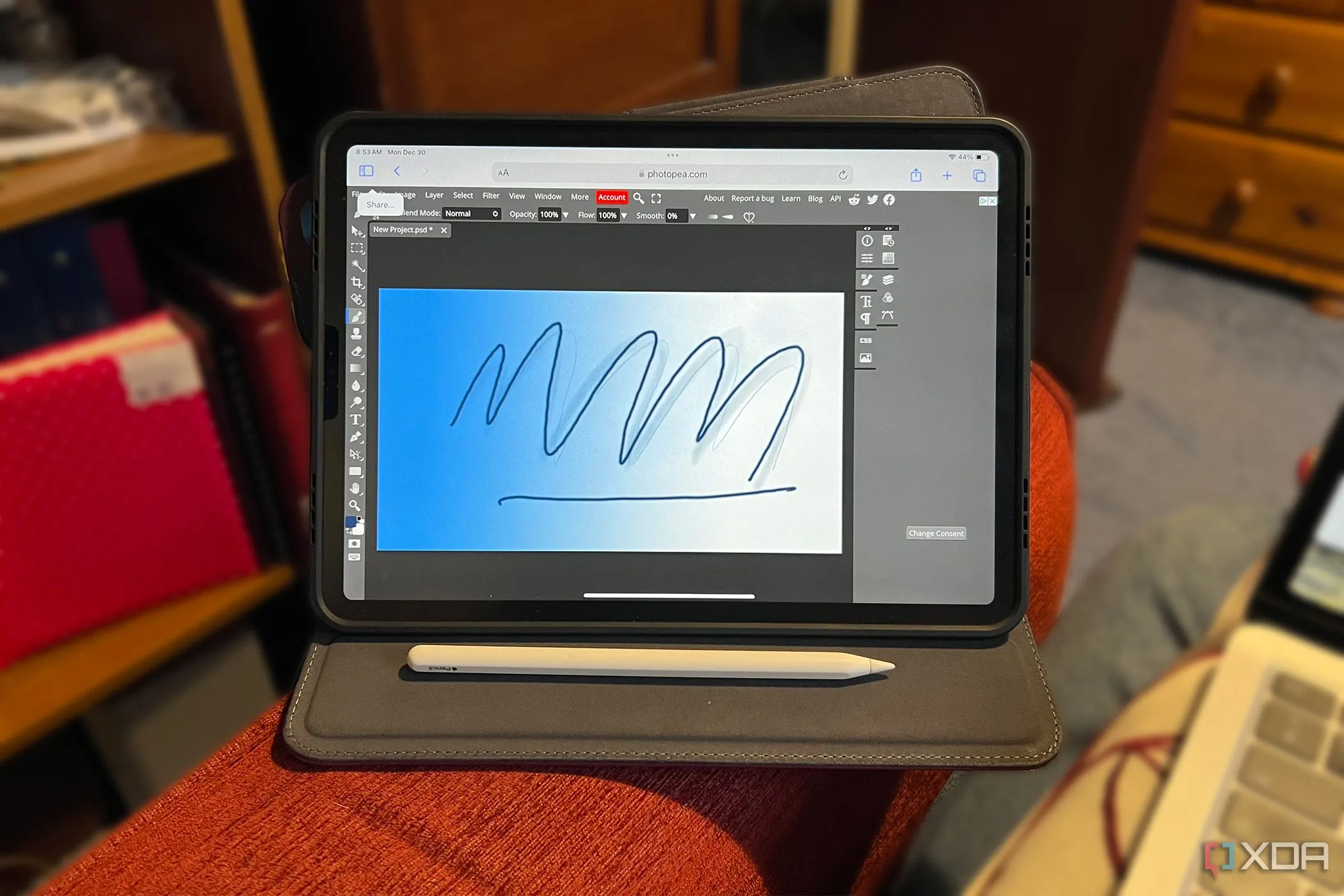 Ứng dụng chỉnh sửa ảnh Photopea chạy trên iPad Pro với bút Apple Pencil, minh họa khả năng chạy trên phần cứng cũ hơn