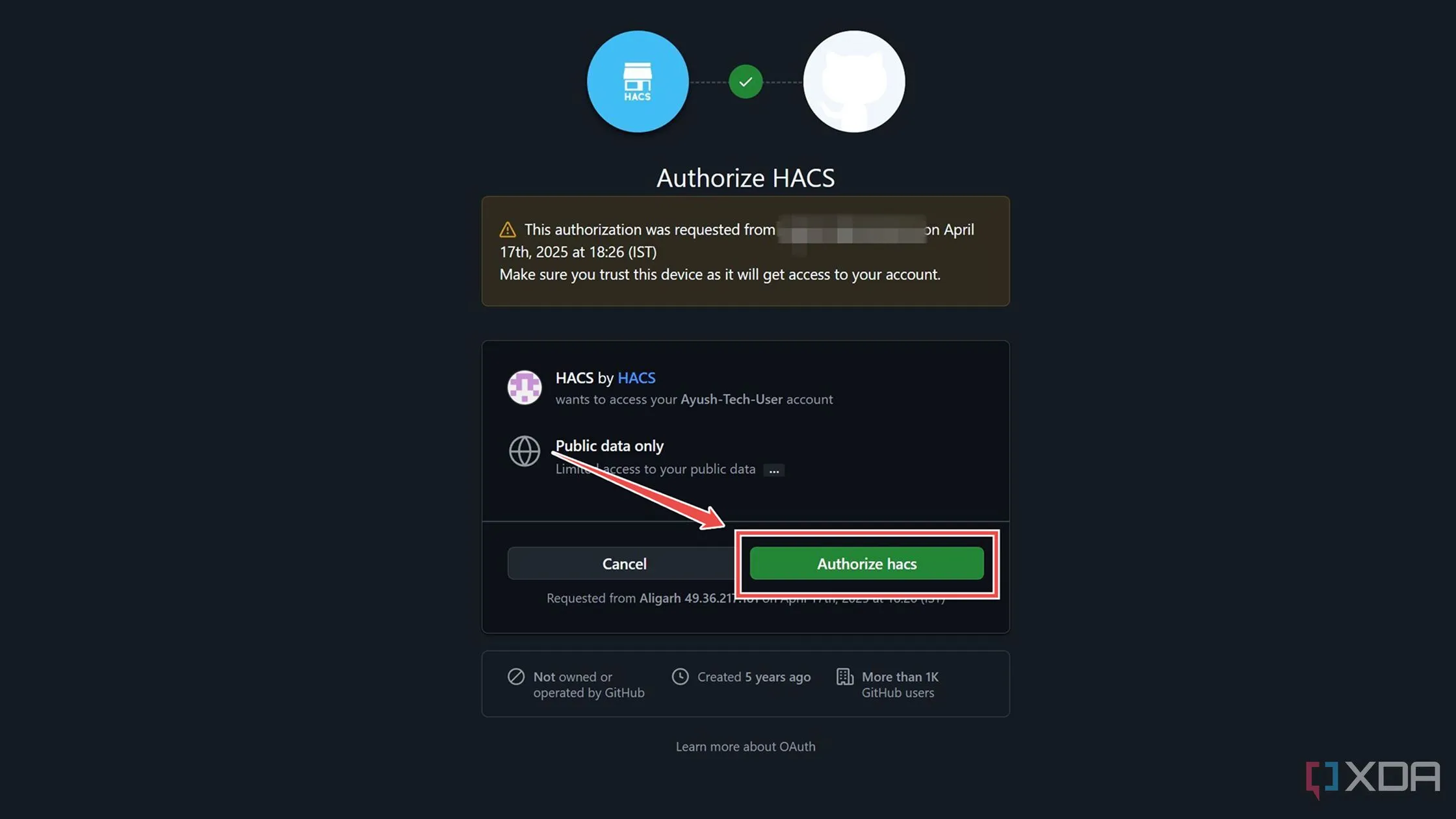 Ủy quyền HACS với tài khoản GitHub để hoàn tất cài đặt tích hợp