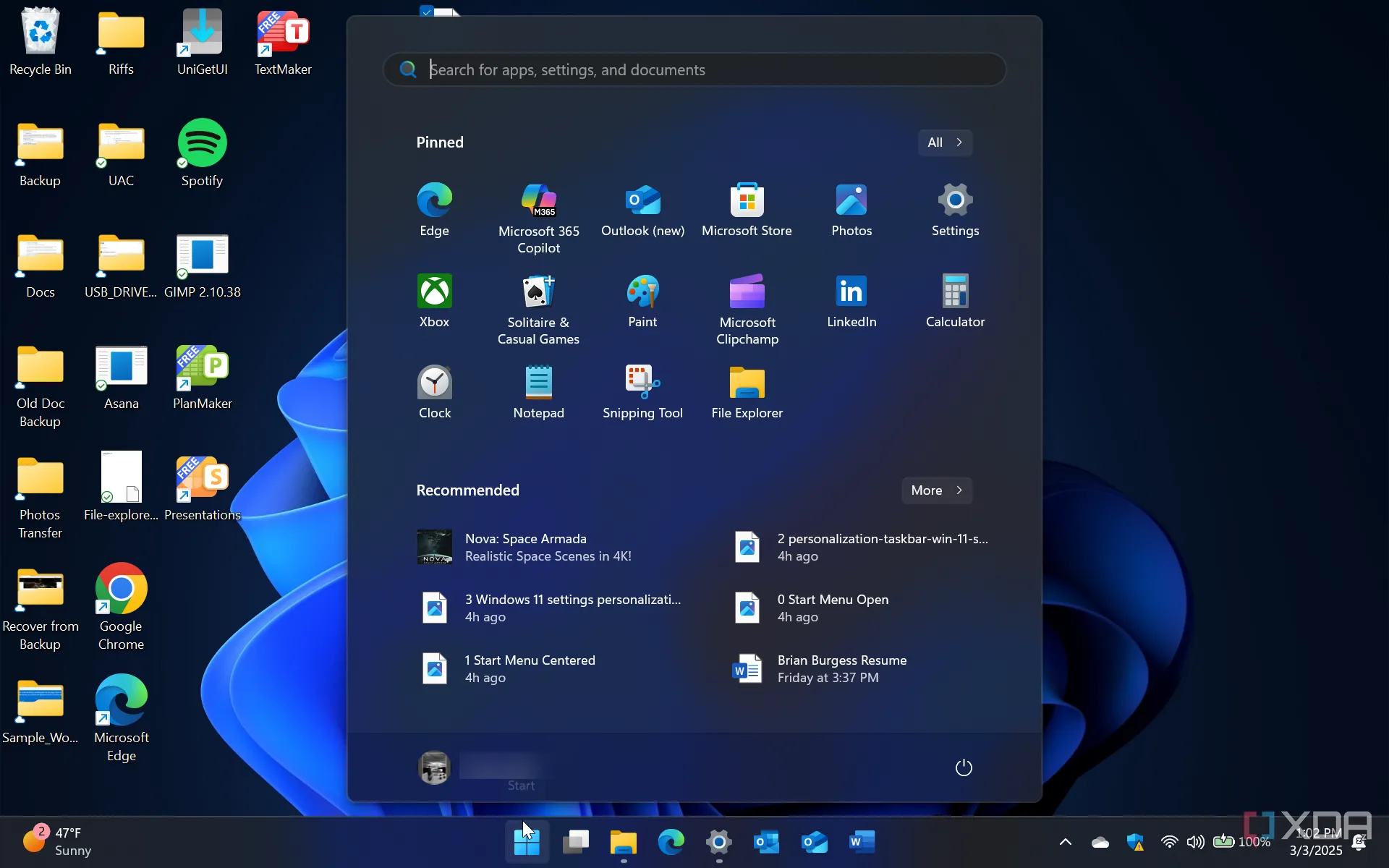 Vị trí menu Start Windows 11 ở trung tâm