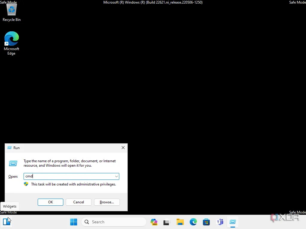 Windows 11 trong chế độ an toàn hiển thị cửa sổ Run với lệnh cmd