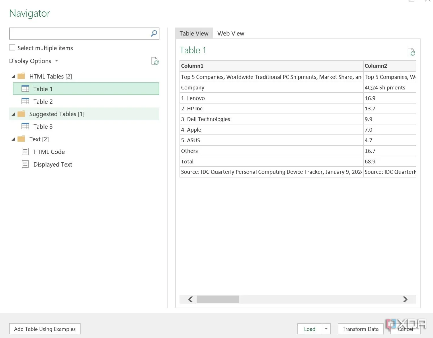 Xem trước và chọn bảng dữ liệu để tải từ web vào Excel