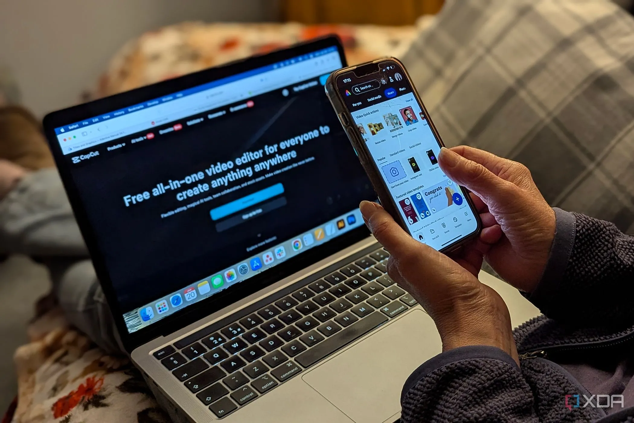 Adobe Express trên iPhone và CapCut trên MacBook, minh họa các lựa chọn thay thế miễn phí