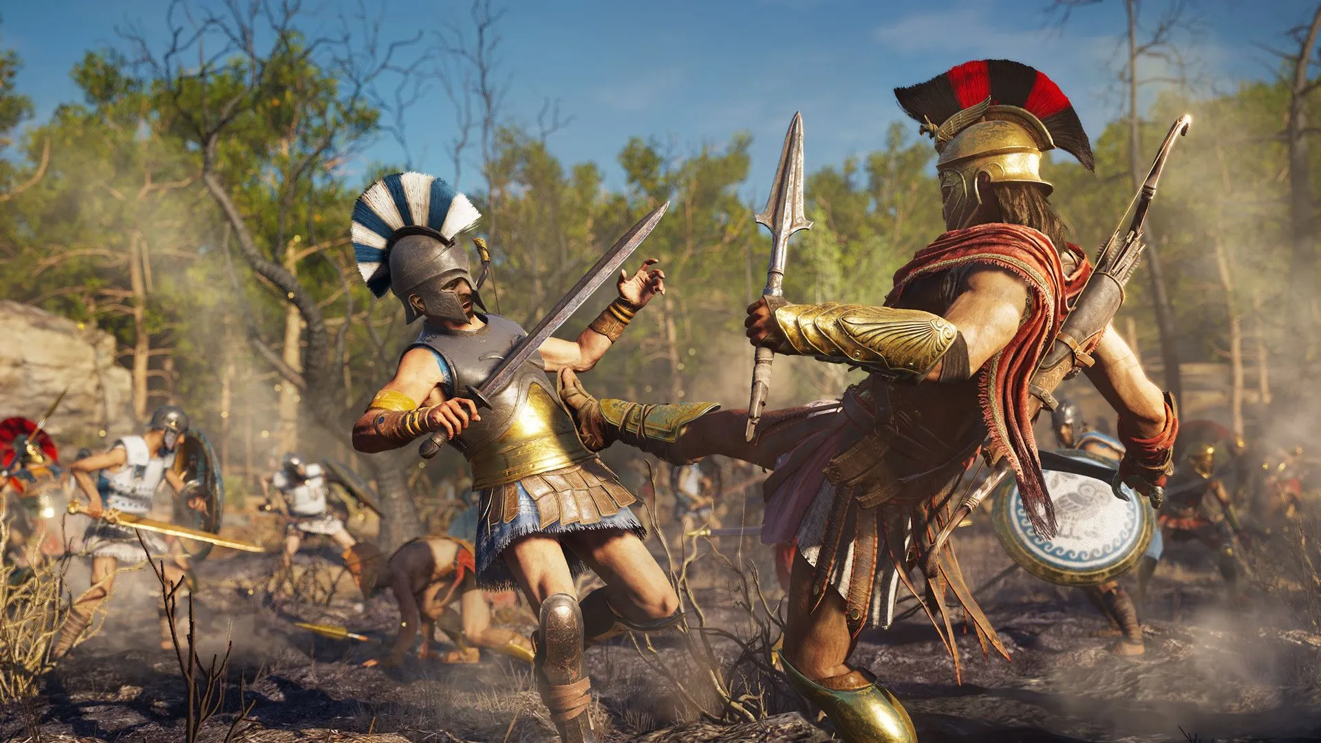 Alexios sử dụng đòn đá Sparta đặc trưng trong một pha chiến đấu đầy kịch tính của Assassin's Creed Odyssey