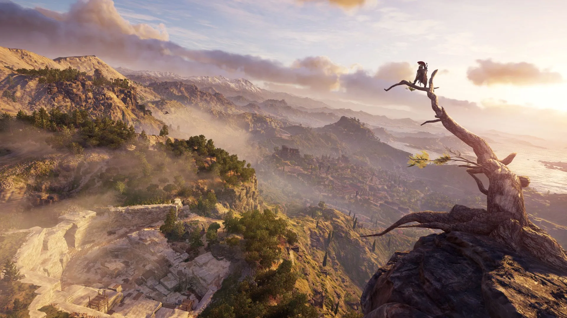 Alexios trong Assassin's Creed Odyssey đứng trên cành cây ngắm nhìn khung cảnh Hy Lạp cổ đại hùng vĩ