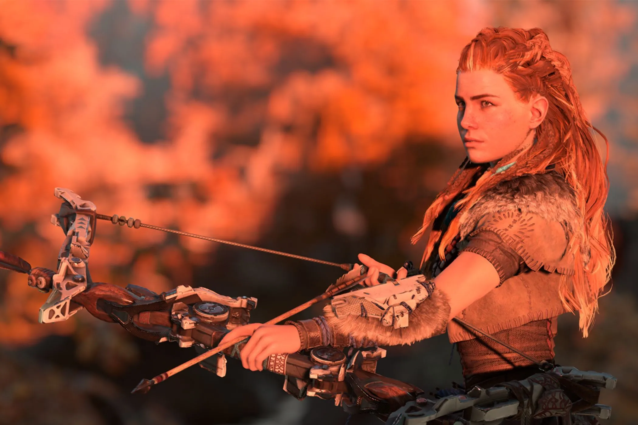 Aloy cầm cung trong Horizon Zero Dawn vào lúc hoàng hôn, biểu tượng của game chơi đơn thành công trên PlayStation