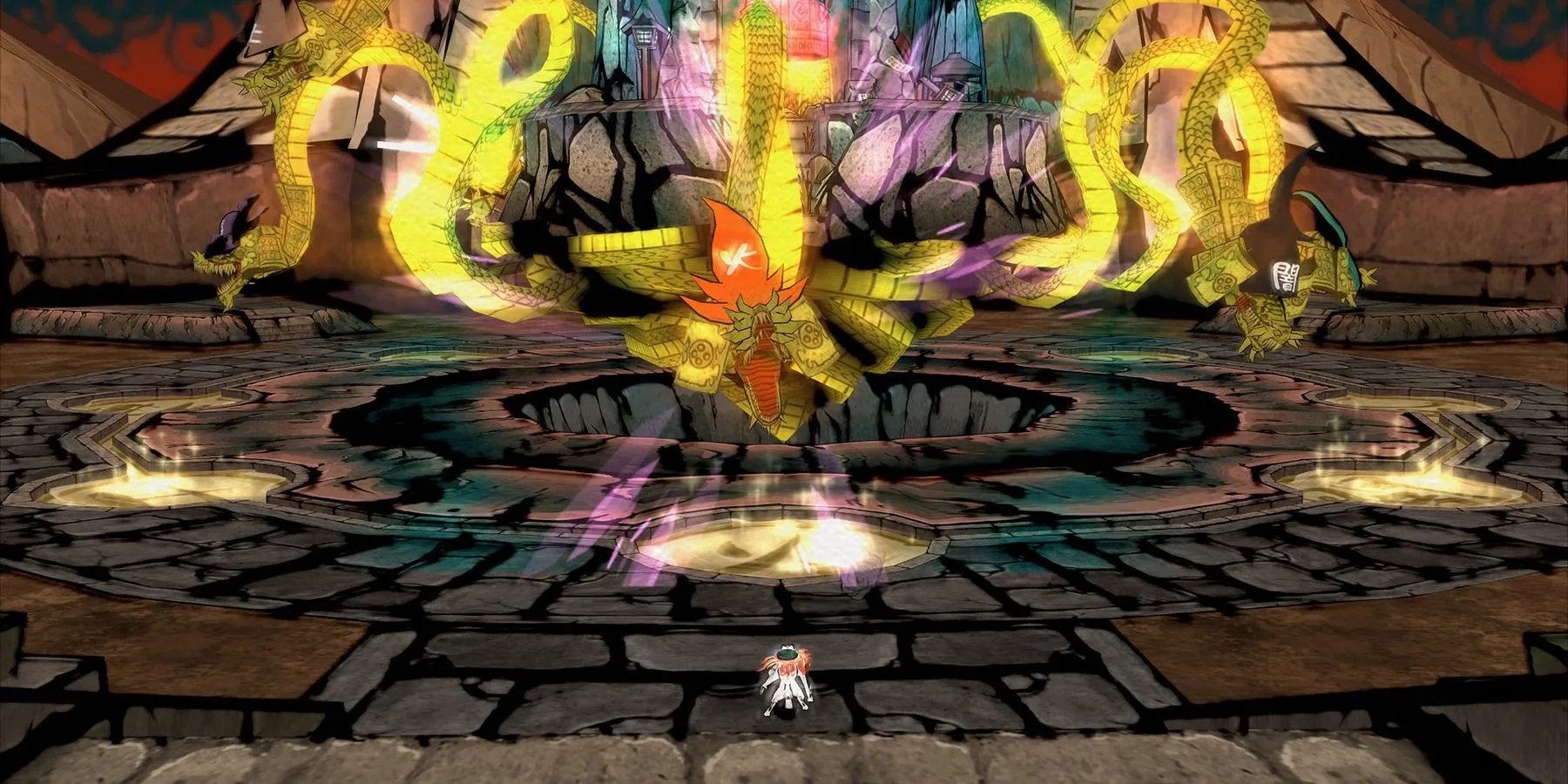 Amaterasu đối mặt với một con boss lớn trong Okami, bối cảnh rực rỡ sắc màu và đầy kịch tính