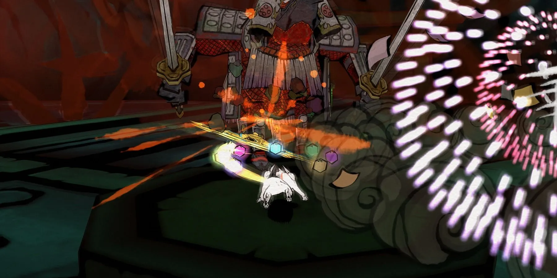 Amaterasu trong cảnh chiến đấu, thể hiện phong cách cel-shaded độc đáo của game