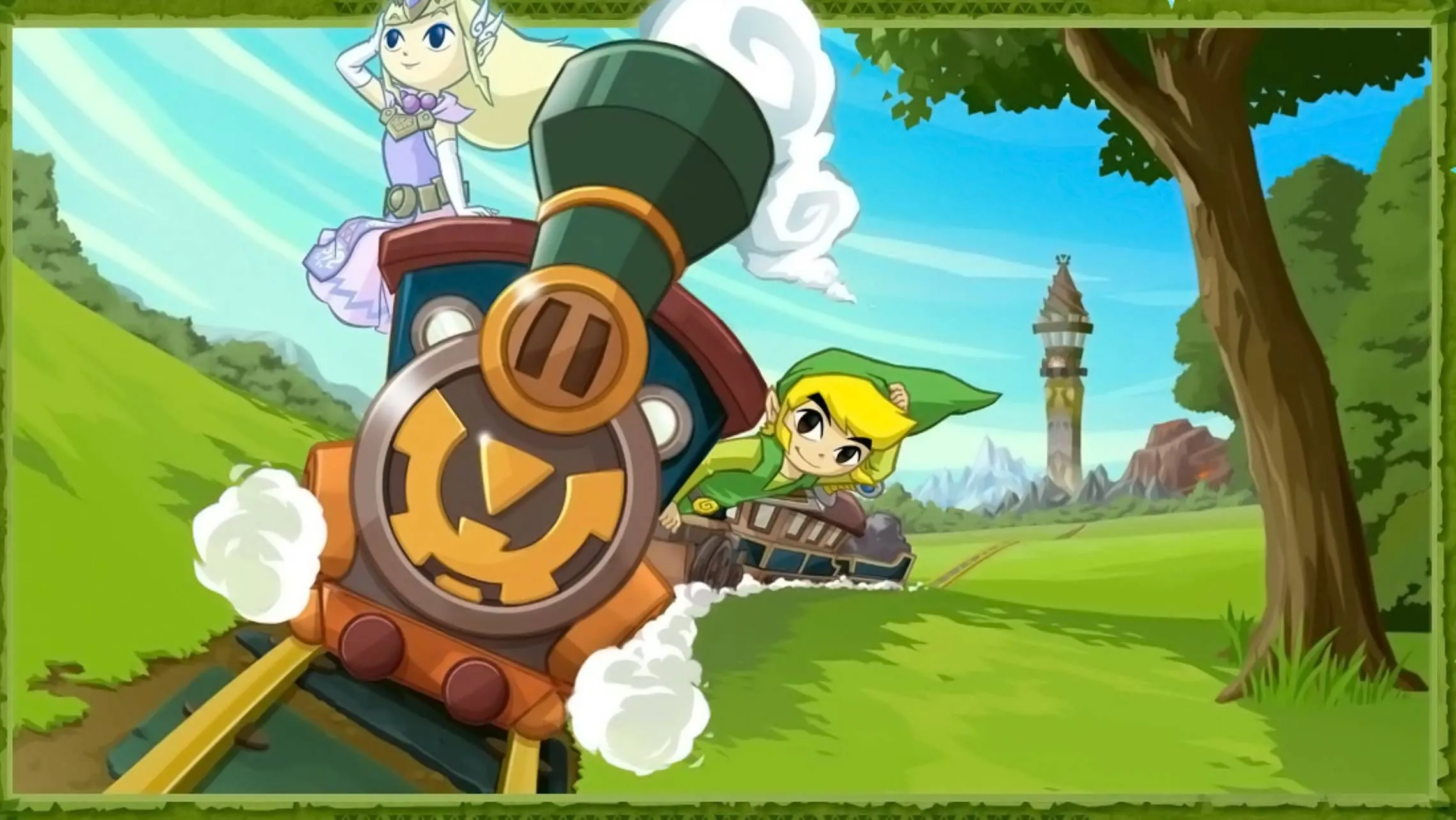 Ảnh artwork chính thức của Link và Zelda trên tàu hỏa từ The Legend of Zelda Spirit Tracks