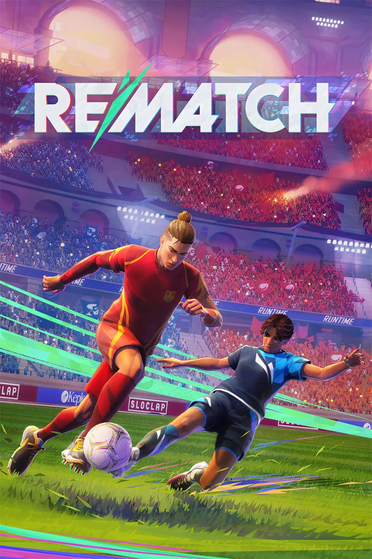 Ảnh bìa chính của game Rematch, thể hiện phong cách đồ họa độc đáo và sự sống động của trận đấu.