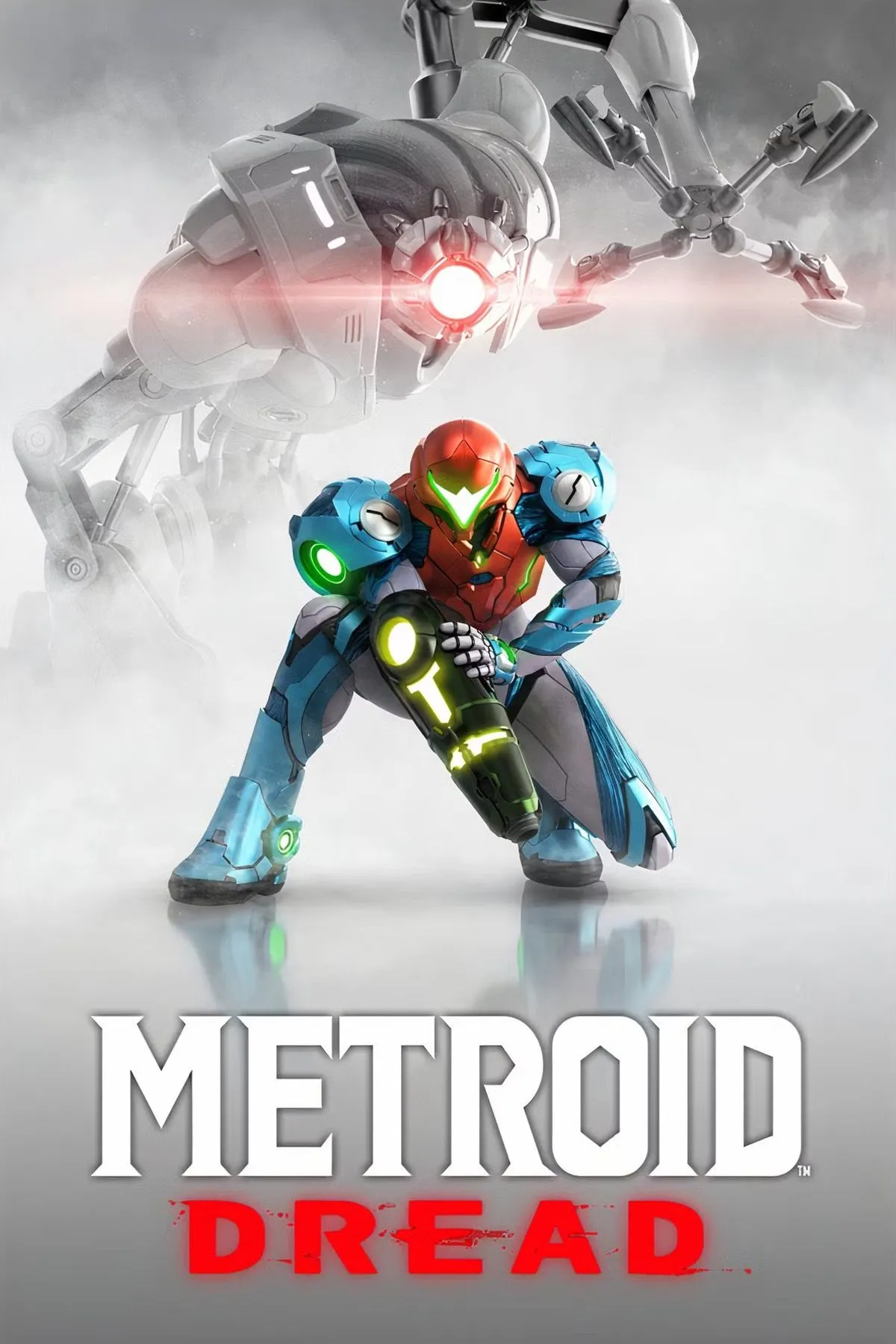 Ảnh bìa game Metroid Dread với nhân vật Samus Aran trong bộ giáp công nghệ cao, minh họa boss Raven Beak