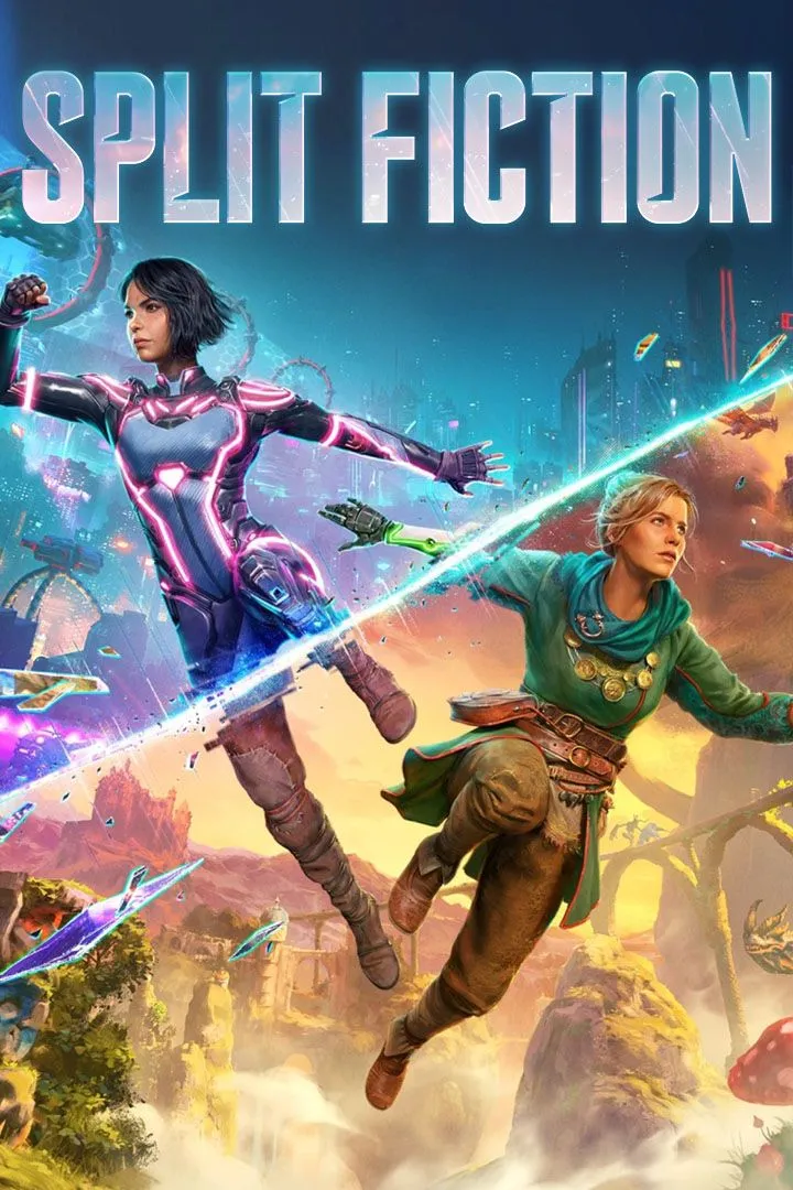 Ảnh bìa game Split Fiction với hai nhân vật chính Zoe và Mio, đại diện cho hai thế giới giả tưởng và khoa học viễn tưởng