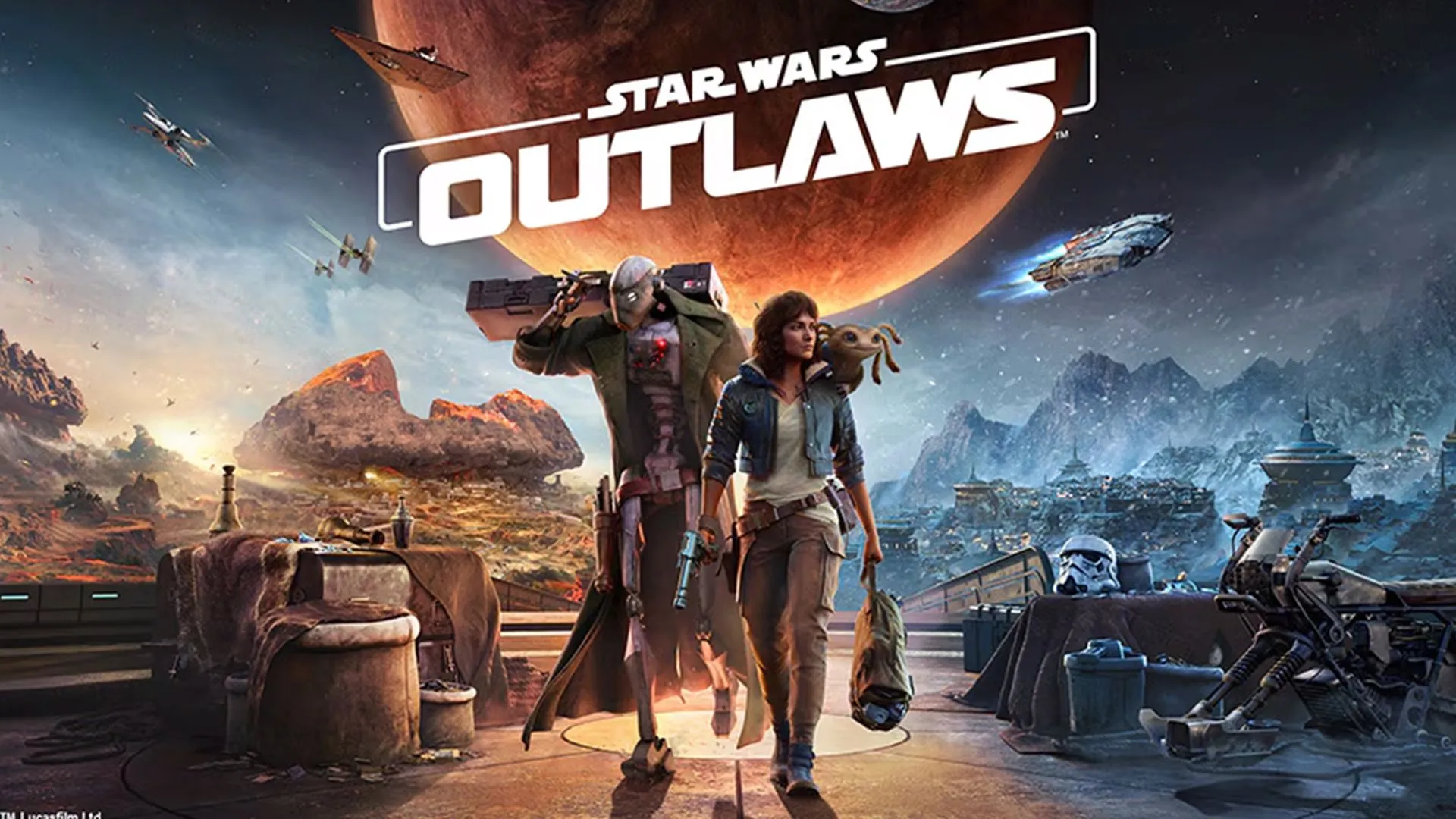 Ảnh bìa game Star Wars Outlaws với nhân vật Kay Vess và Nyx trên bối cảnh thiên hà và các tàu vũ trụ