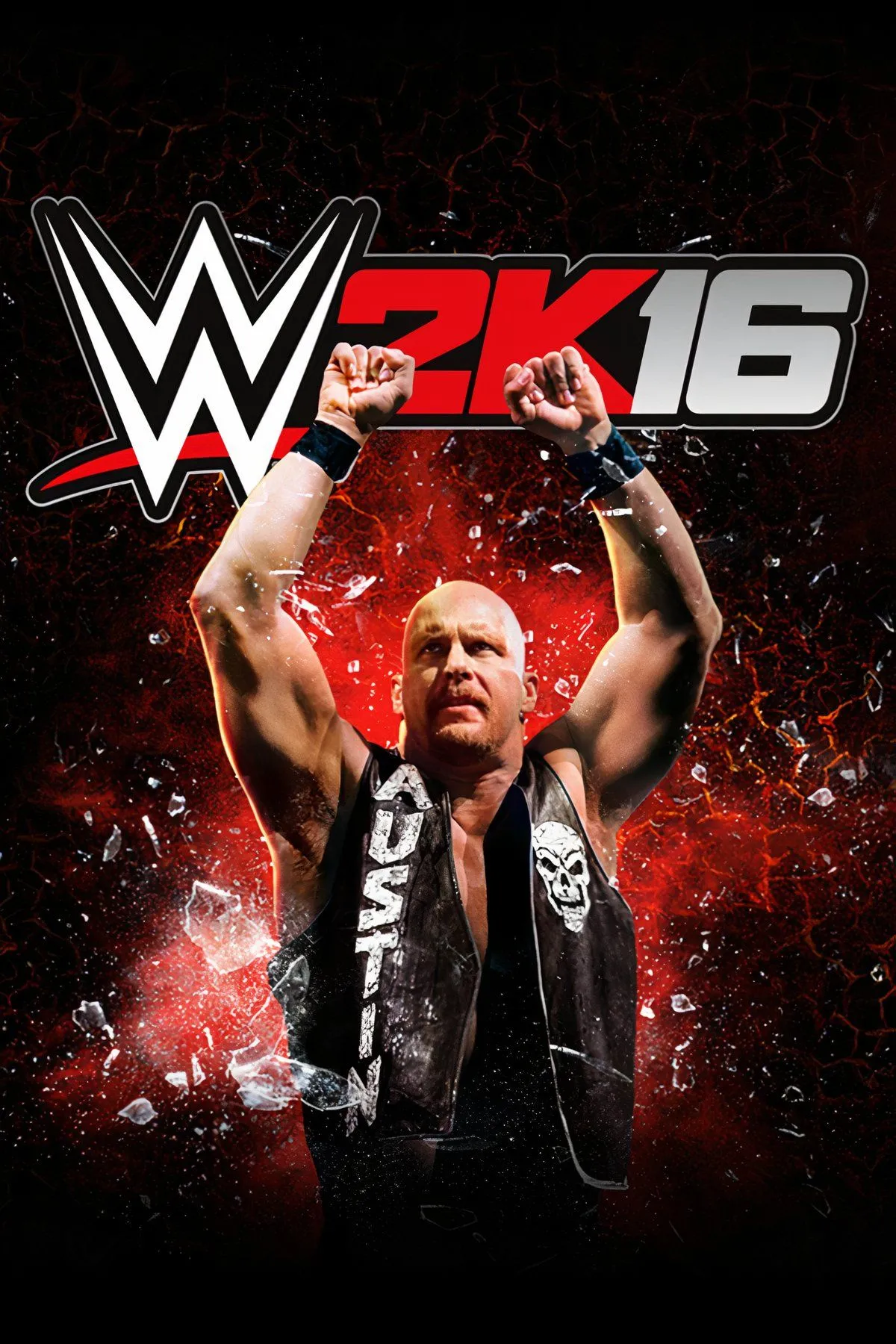 Ảnh bìa game WWE 2K16 với biểu tượng Stone Cold Steve Austin