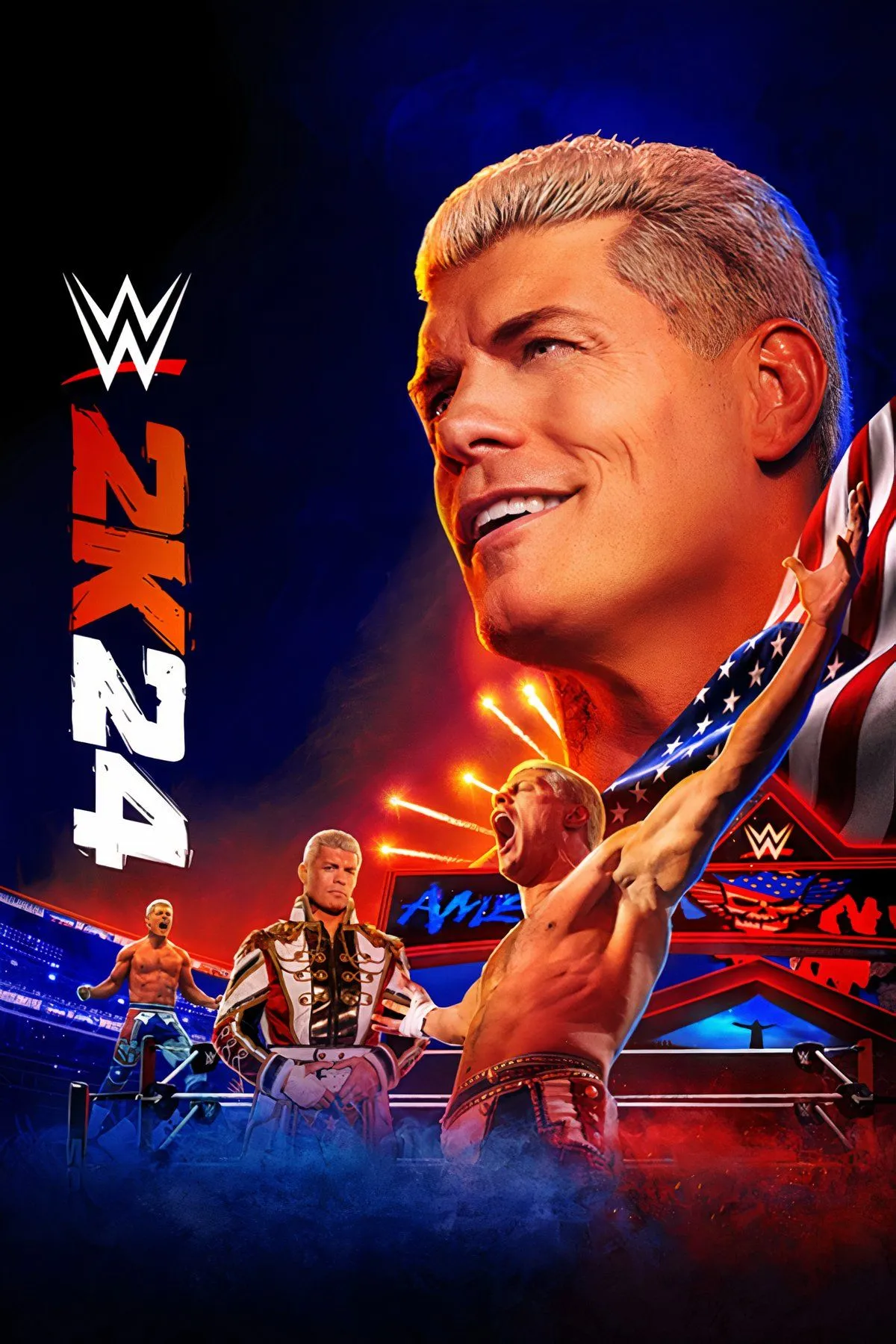 Ảnh bìa game WWE 2K24 với logo và thương hiệu đặc trưng