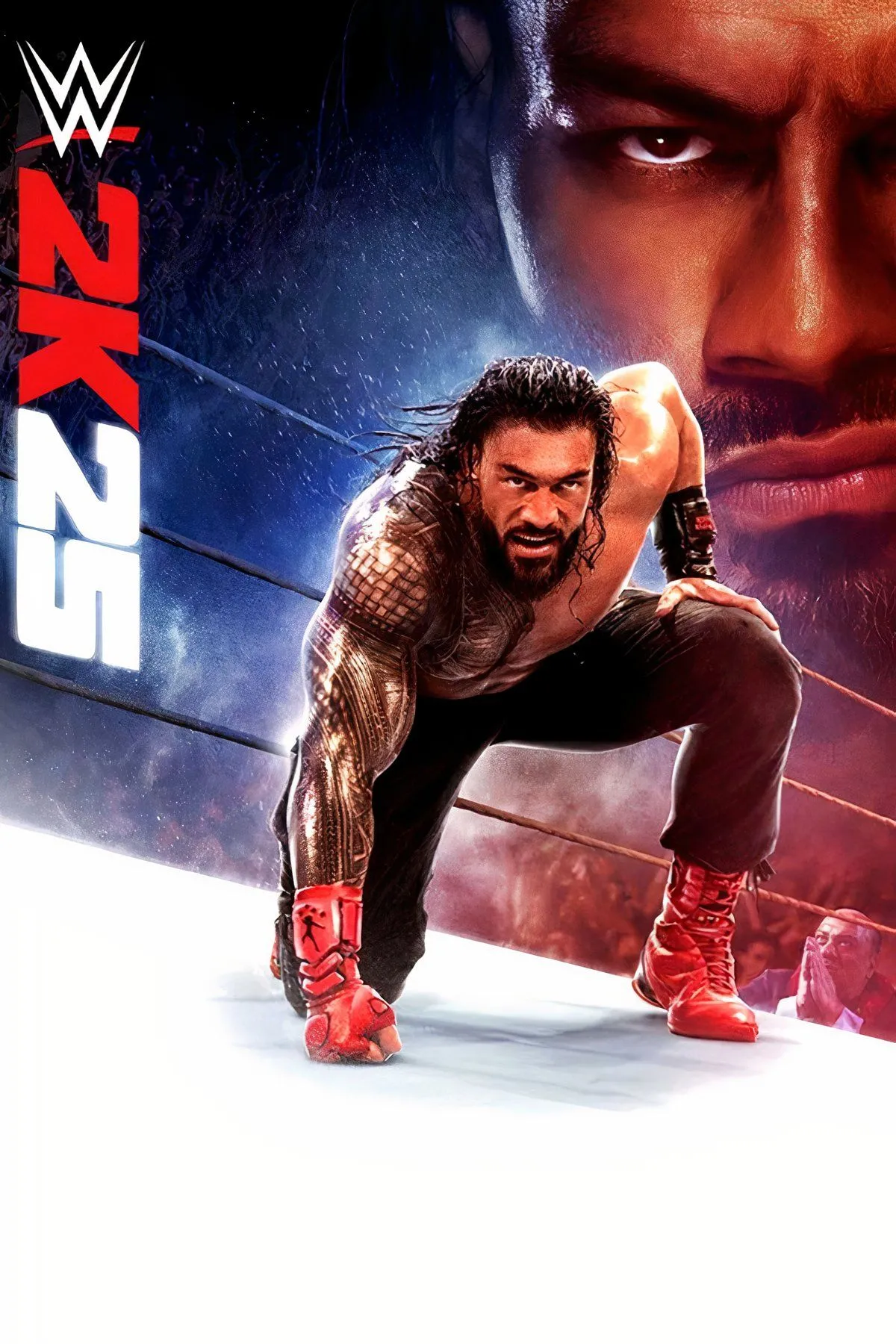 Ảnh bìa game WWE 2K25 với các siêu sao đô vật John Cena, The Rock, và Seth Rollins