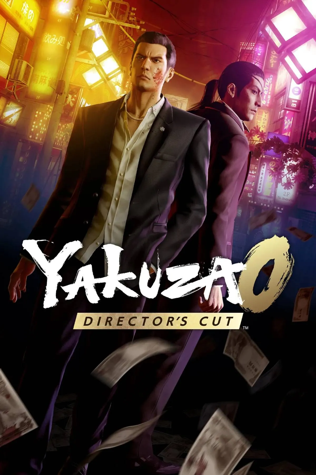Ảnh bìa game Yakuza 0 Director's Cut với các nhân vật chính và bối cảnh thành phố Nhật Bản sôi động.