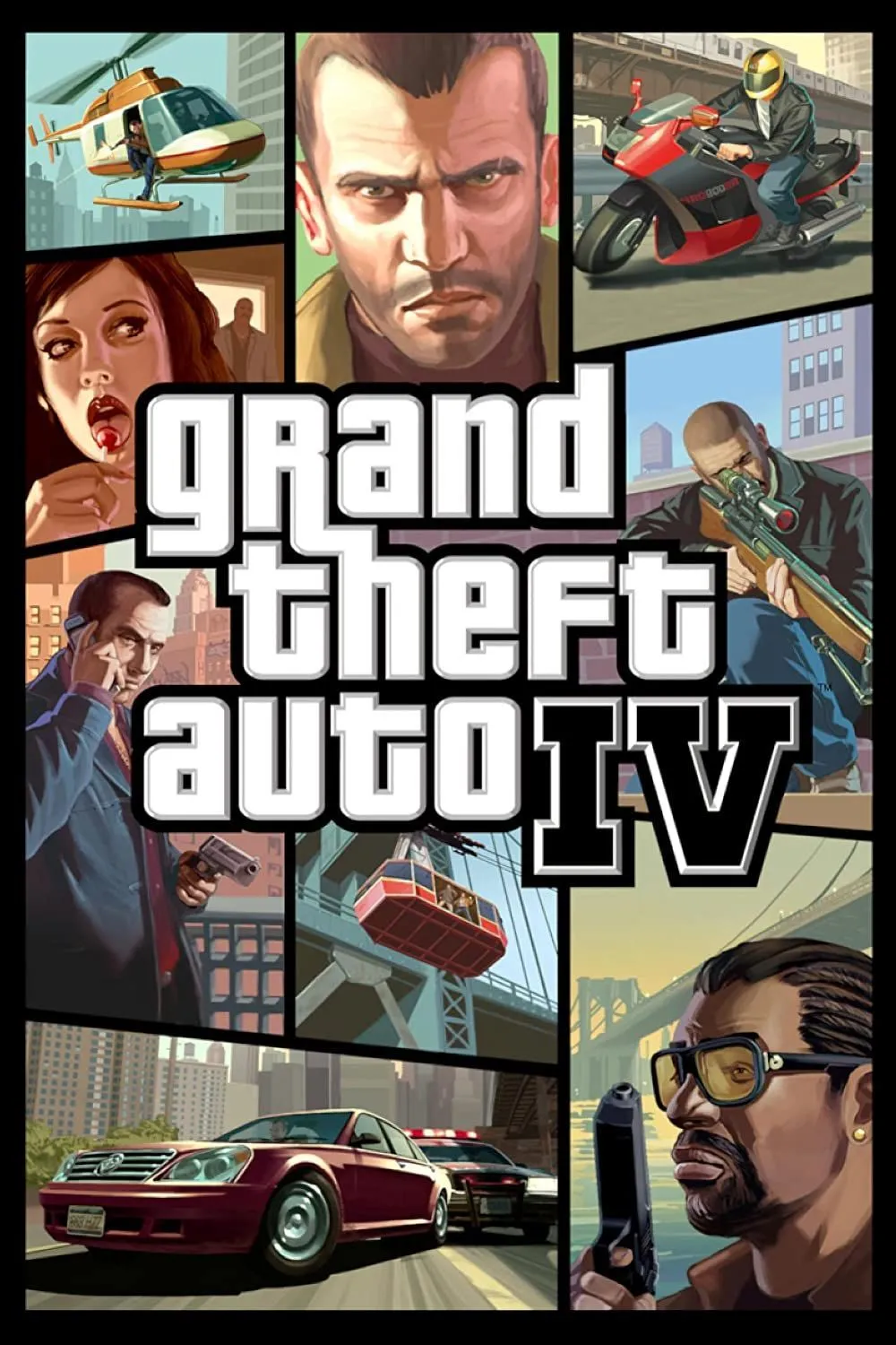 Ảnh bìa Grand Theft Auto IV với nhân vật chính và thành phố