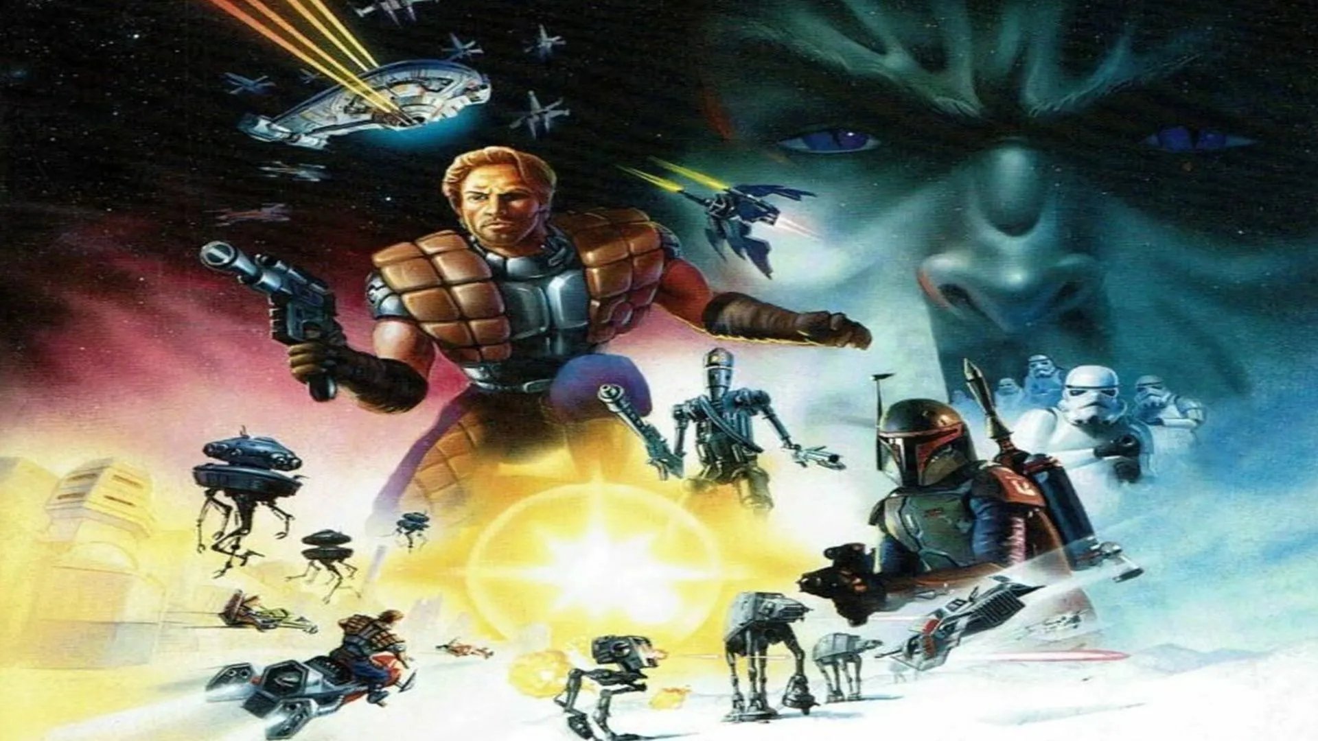 Ảnh bìa key art của game Star Wars: Shadows of the Empire, với nhân vật Dash Rendar và phi thuyền Outrider của anh.