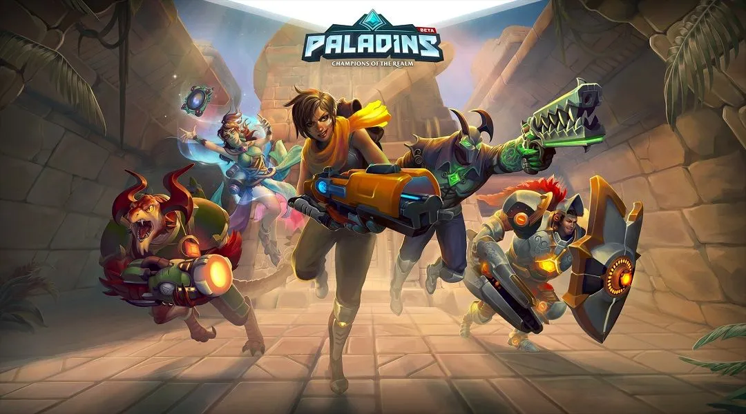 Ảnh bìa Paladins: Champions of the Realm với các tướng đa dạng và nhiều màu sắc