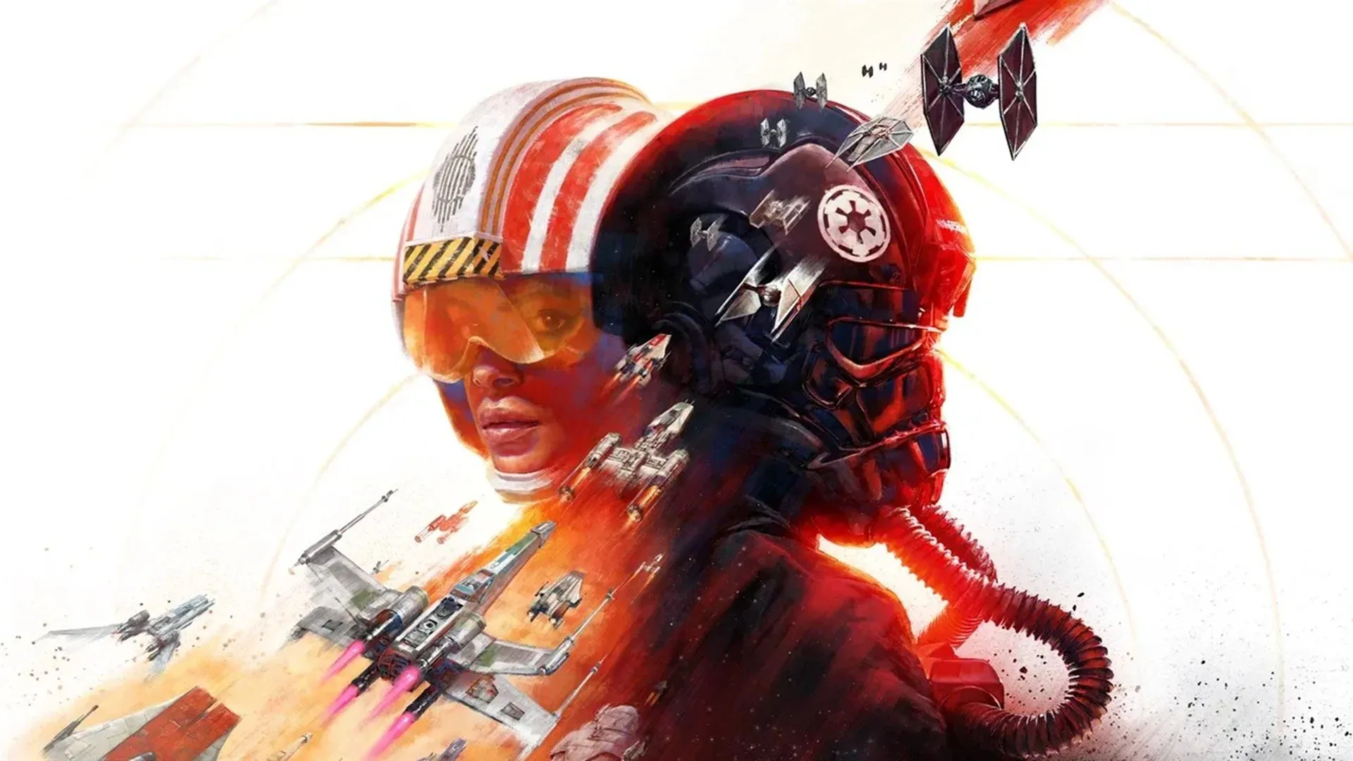 Ảnh bìa và biểu tượng của Star Wars Squadrons, thể hiện một phi công trong buồng lái chiến đấu cơ.