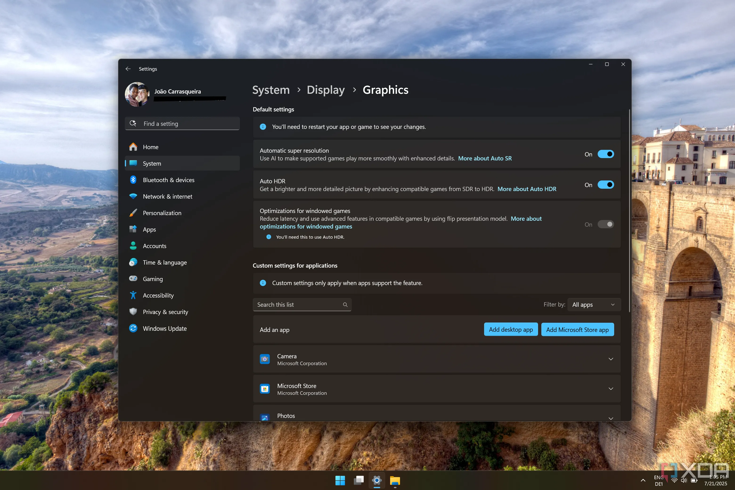 Ảnh chụp màn hình cài đặt đồ họa Windows 11 hiển thị Auto HDR đã bật