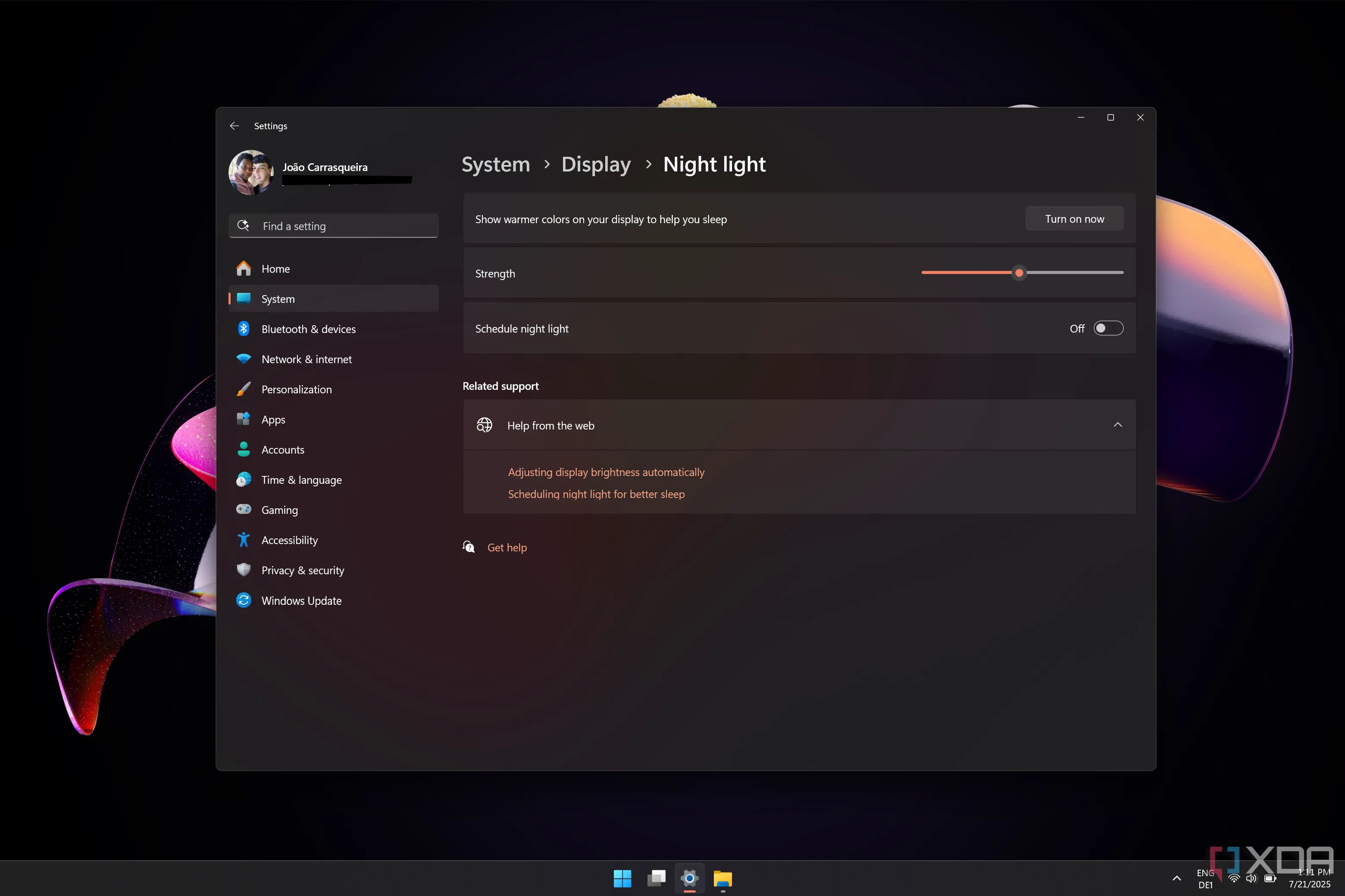 Ảnh chụp màn hình cài đặt Night light trên Windows 11