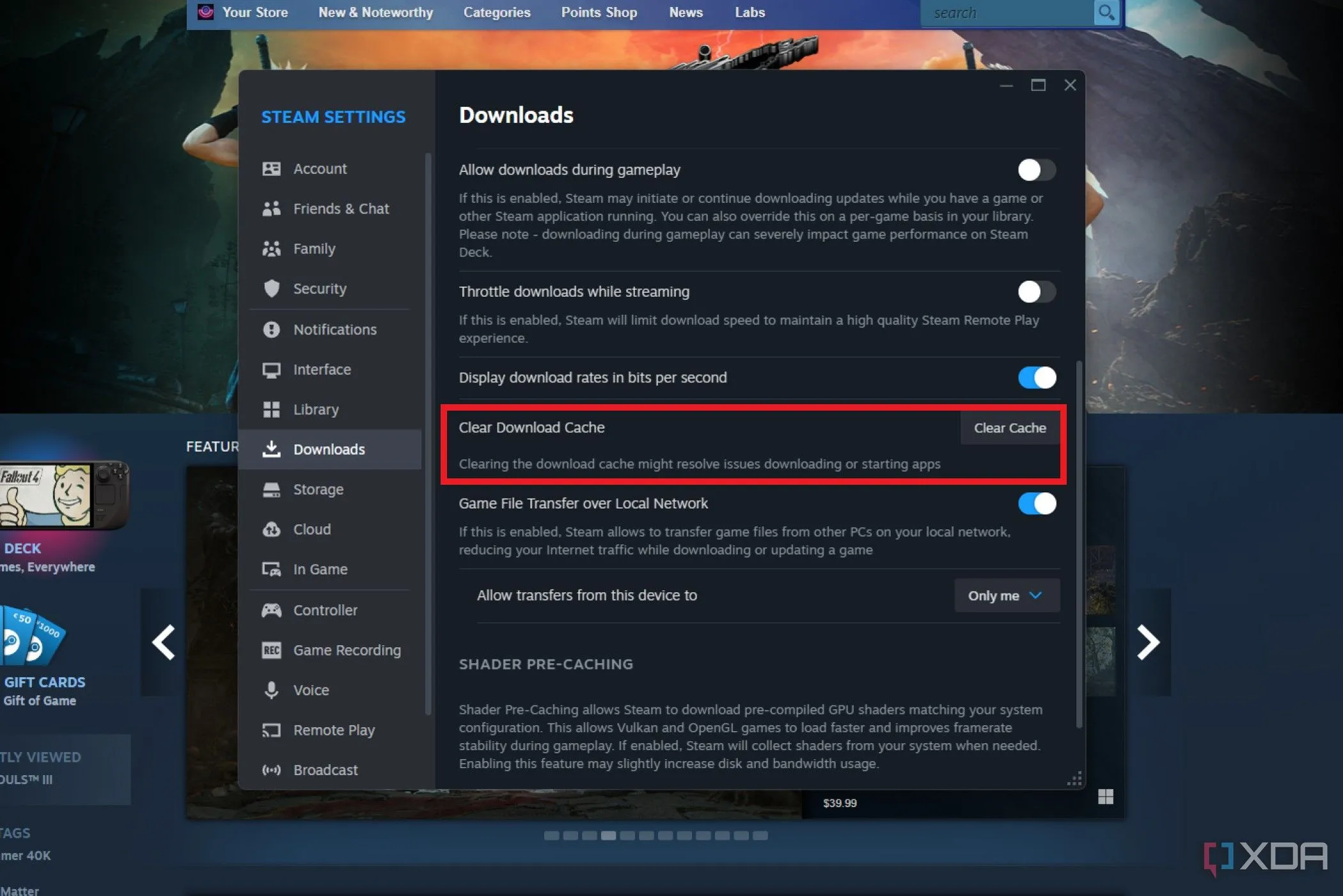 Ảnh chụp màn hình cài đặt Tải xuống của Steam, với tùy chọn 'Clear Download Cache' (Xóa bộ nhớ đệm tải xuống) được đánh dấu.