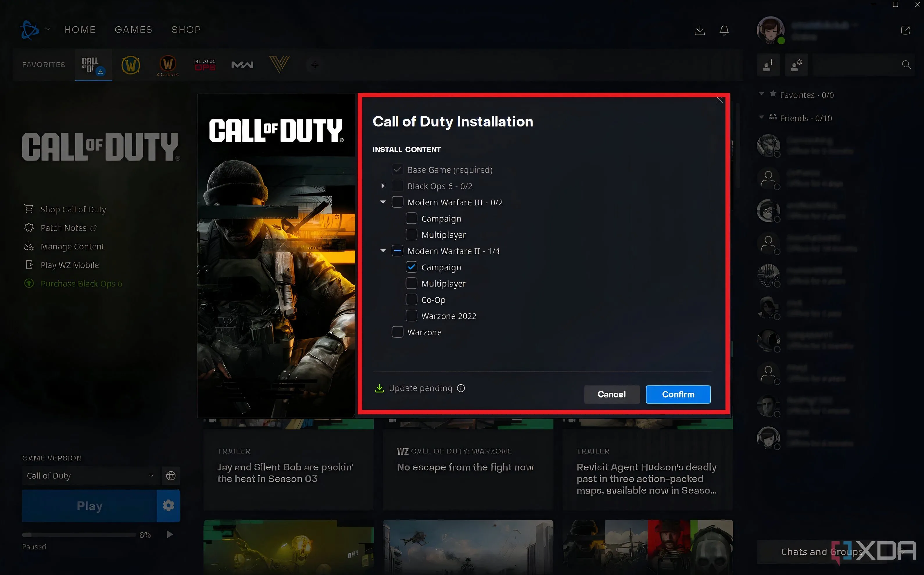 Ảnh chụp màn hình cài đặt tùy chỉnh Call of Duty trong Battle.net Launcher