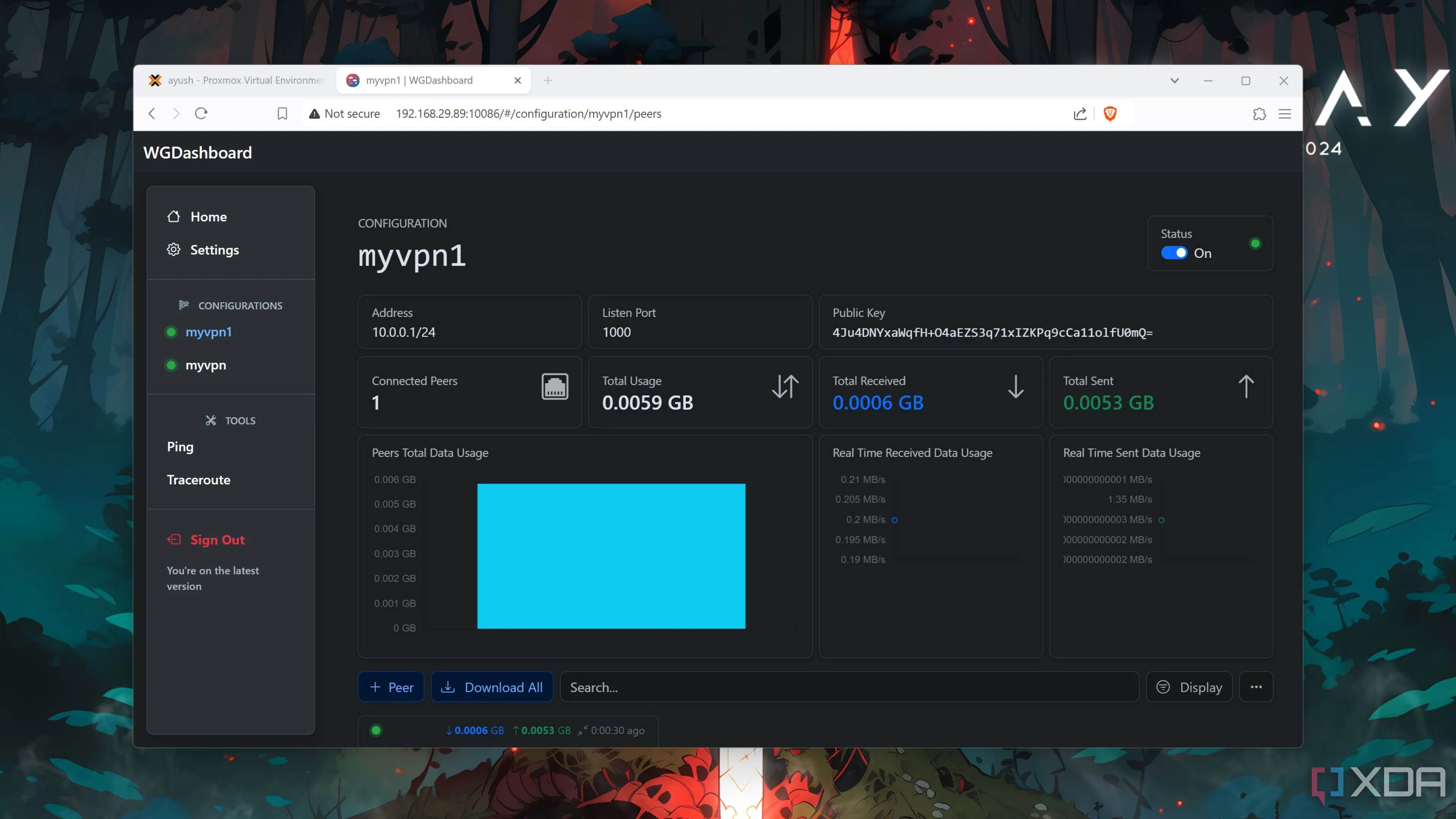 Ảnh chụp màn hình cấu hình WireGuard VPN đang chạy thông qua Proxmox