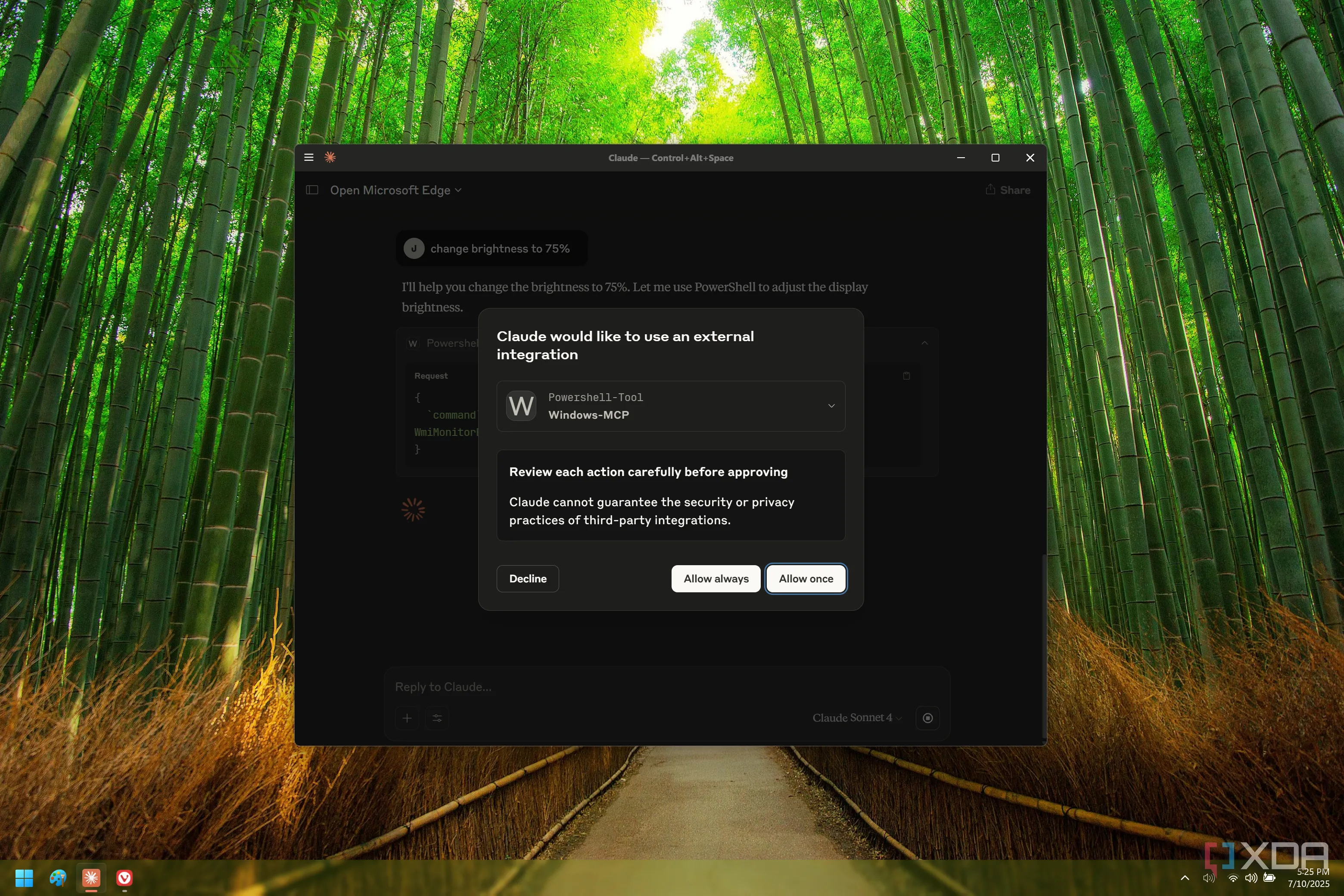 Ảnh chụp màn hình Claude trên Windows 11 yêu cầu quyền thực hiện một hành động cụ thể