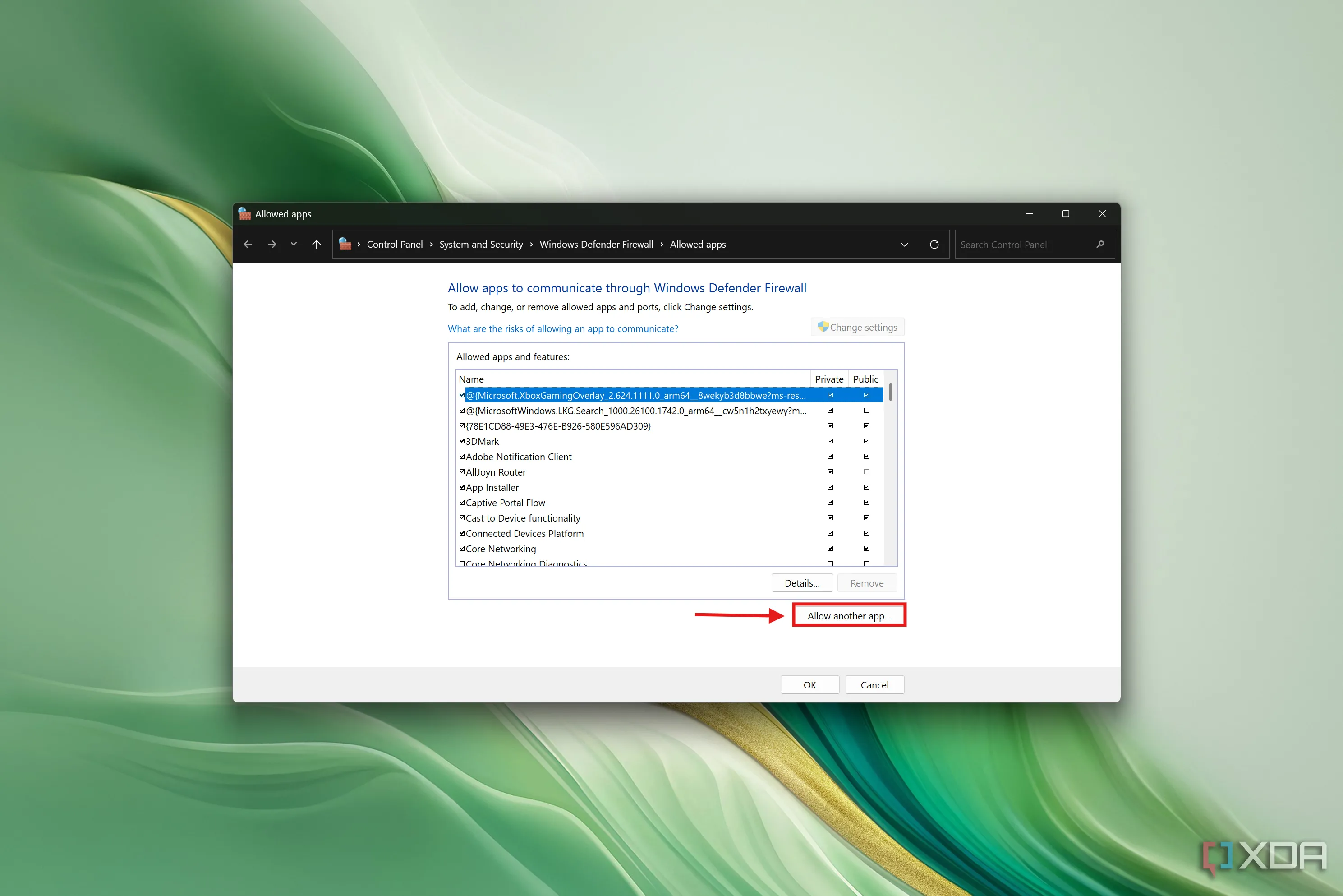 Ảnh chụp màn hình danh sách ứng dụng được phép của Windows Firewall với nút cho phép ứng dụng khác được tô sáng