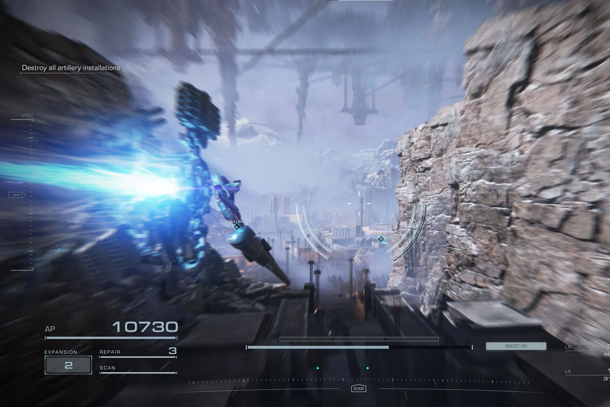 Ảnh chụp màn hình game Armored Core 6 với hiệu ứng motion blur, minh họa một cảnh game đòi hỏi cấu hình cao và cần điều chỉnh cài đặt để giảm tải cho GPU.