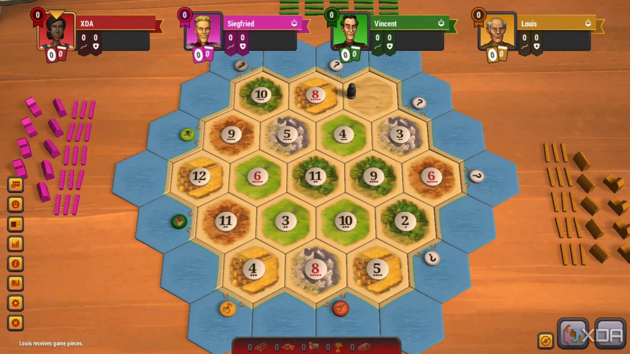 Ảnh chụp màn hình game Catan Universe, hiển thị bản đồ trò chơi với các tài nguyên và công trình