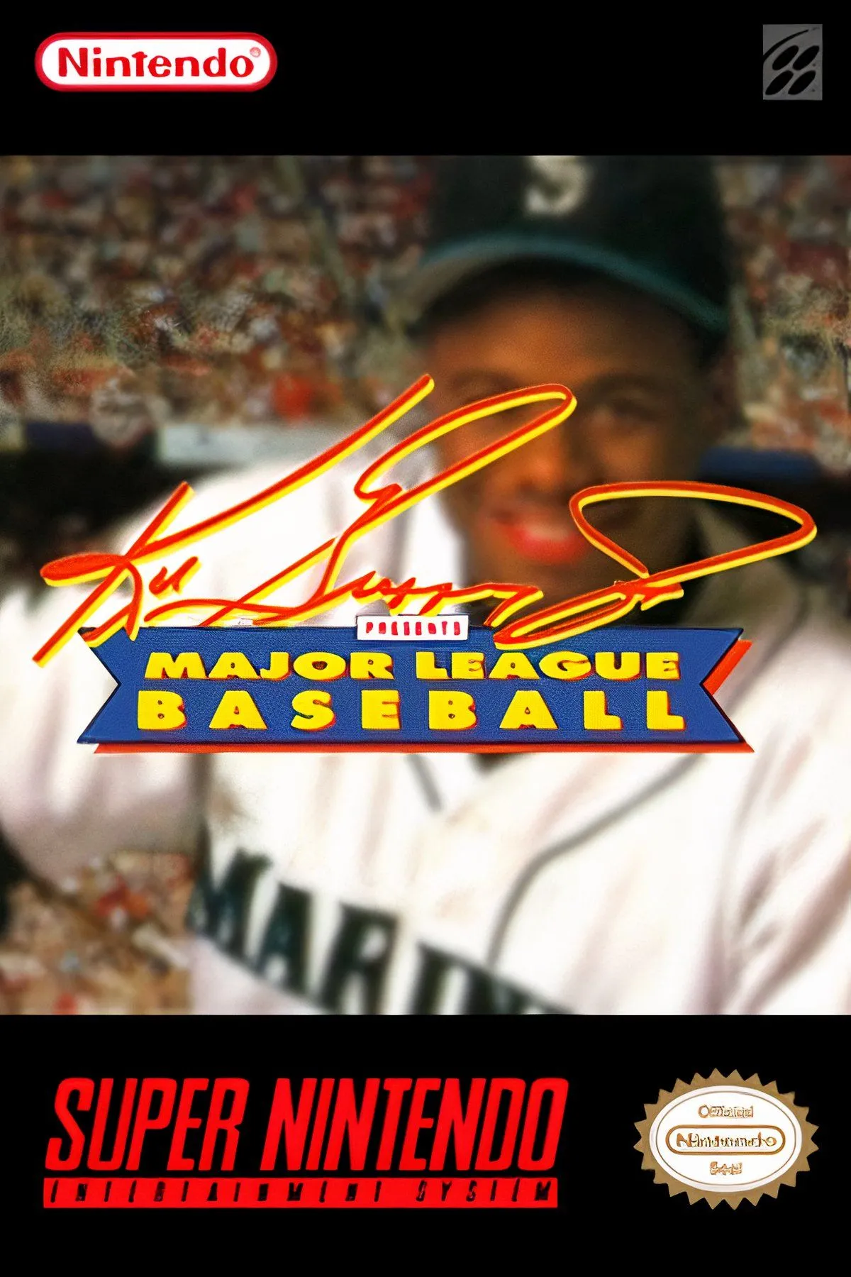Ảnh chụp màn hình game Ken Griffey Jr. Presents Major League Baseball trên SNES, tái hiện trận đấu bóng chày chân thực.