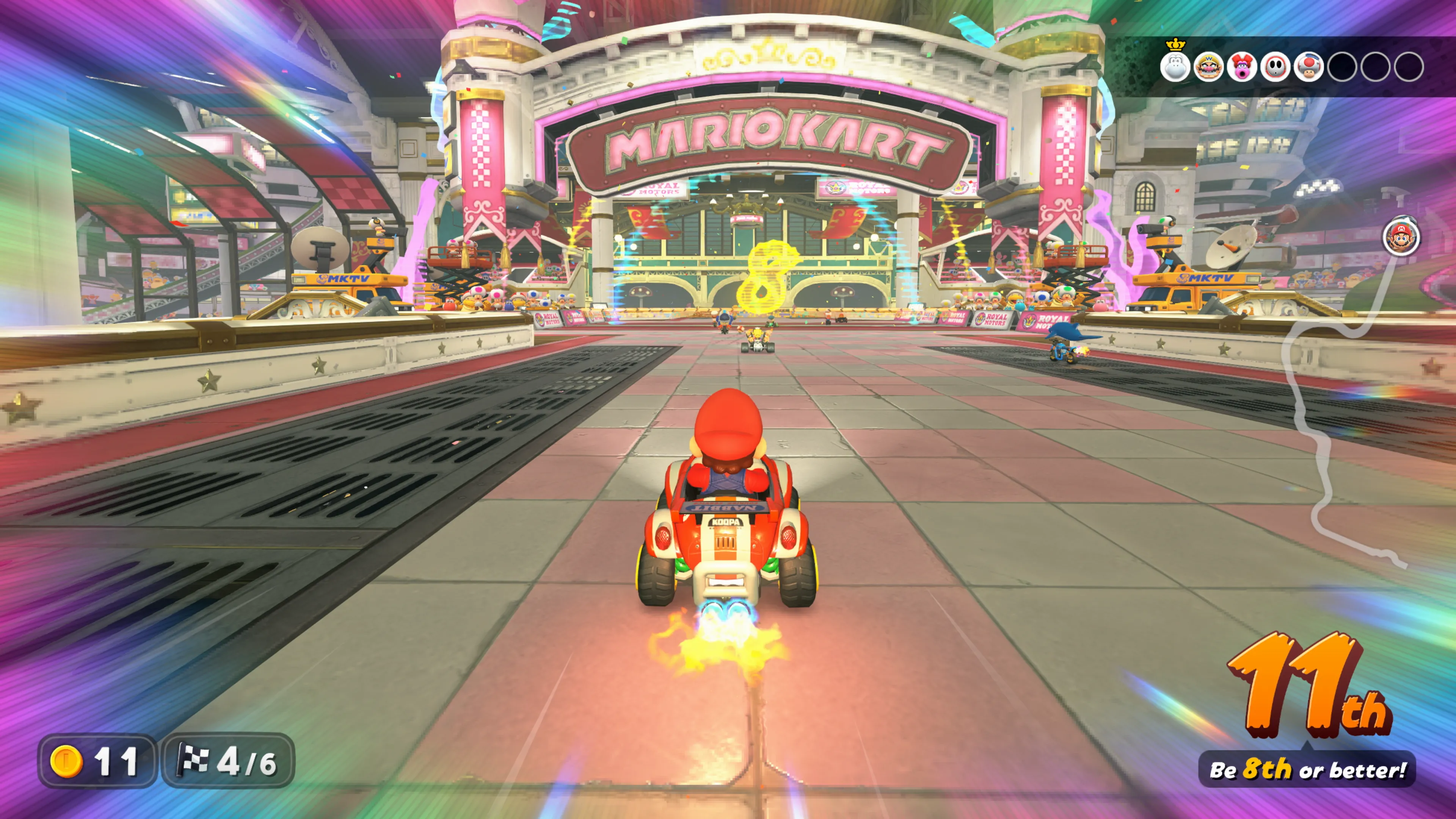Ảnh chụp màn hình game Mario Kart World trên Nintendo Switch 2, đặt ra câu hỏi về chính sách DLC trong tương lai của tựa game này.
