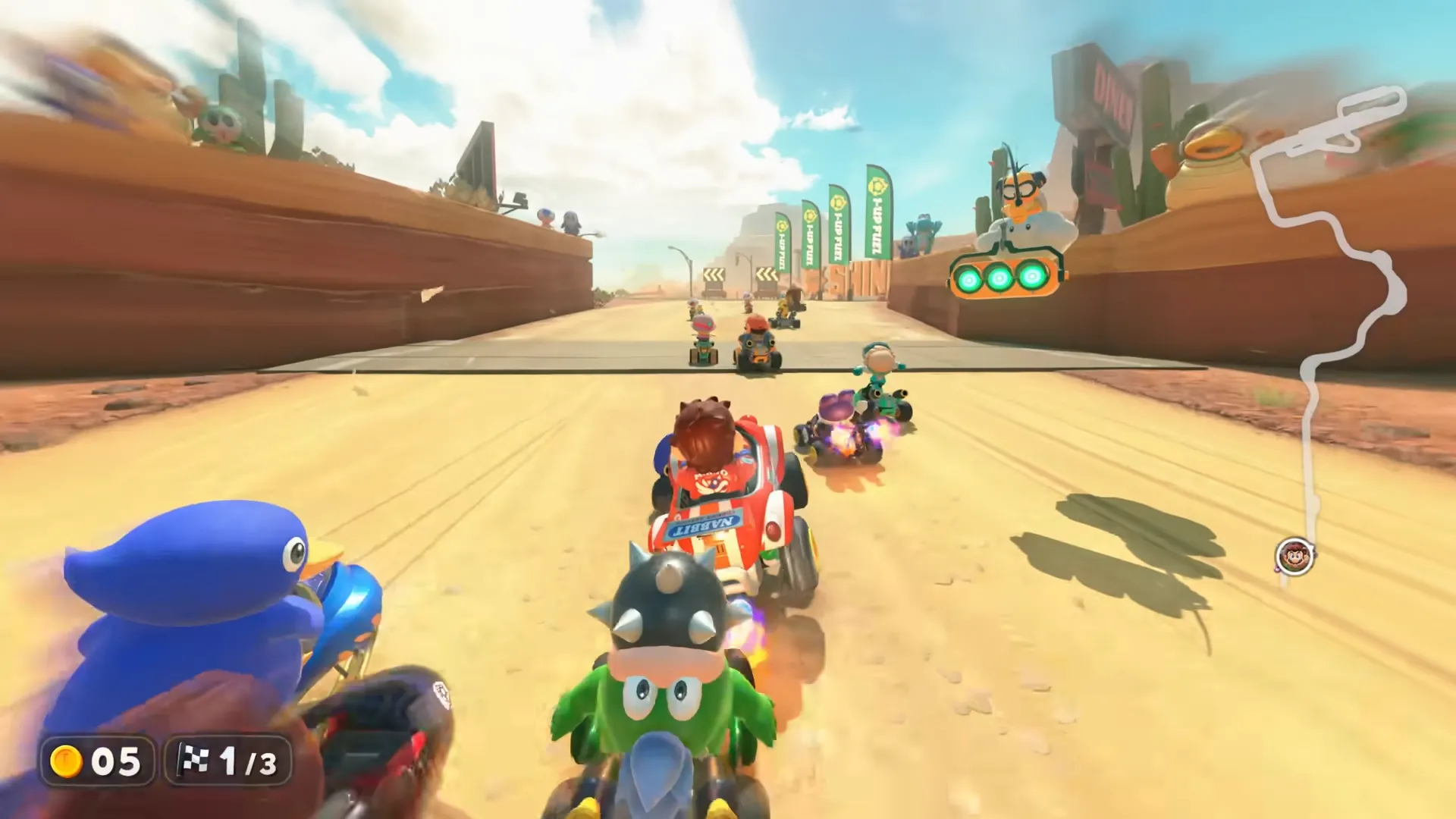 Ảnh chụp màn hình game Mario Kart World với các tay đua sôi động, minh họa nội dung phong phú mà Nintendo cam kết mang lại.